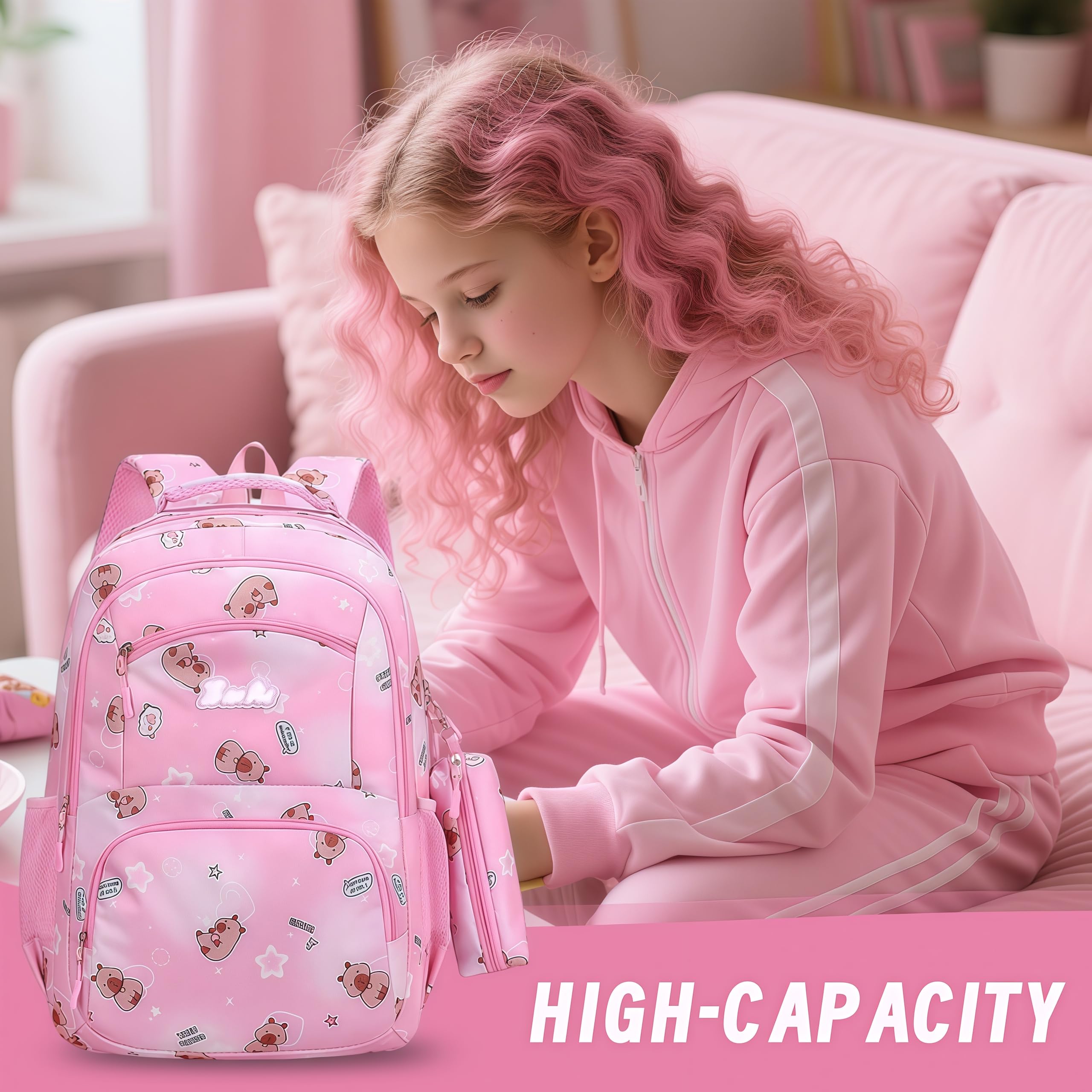 Zaino Scuola Bambina Rosa con Trousse Coordinata Stampa Capybara 3 Scomparti Grandi Tasche Interne Spallacci Regolabili Zaino Oxford Impermeabile per Scuola Elementare Asilo Bambine (Rosa)