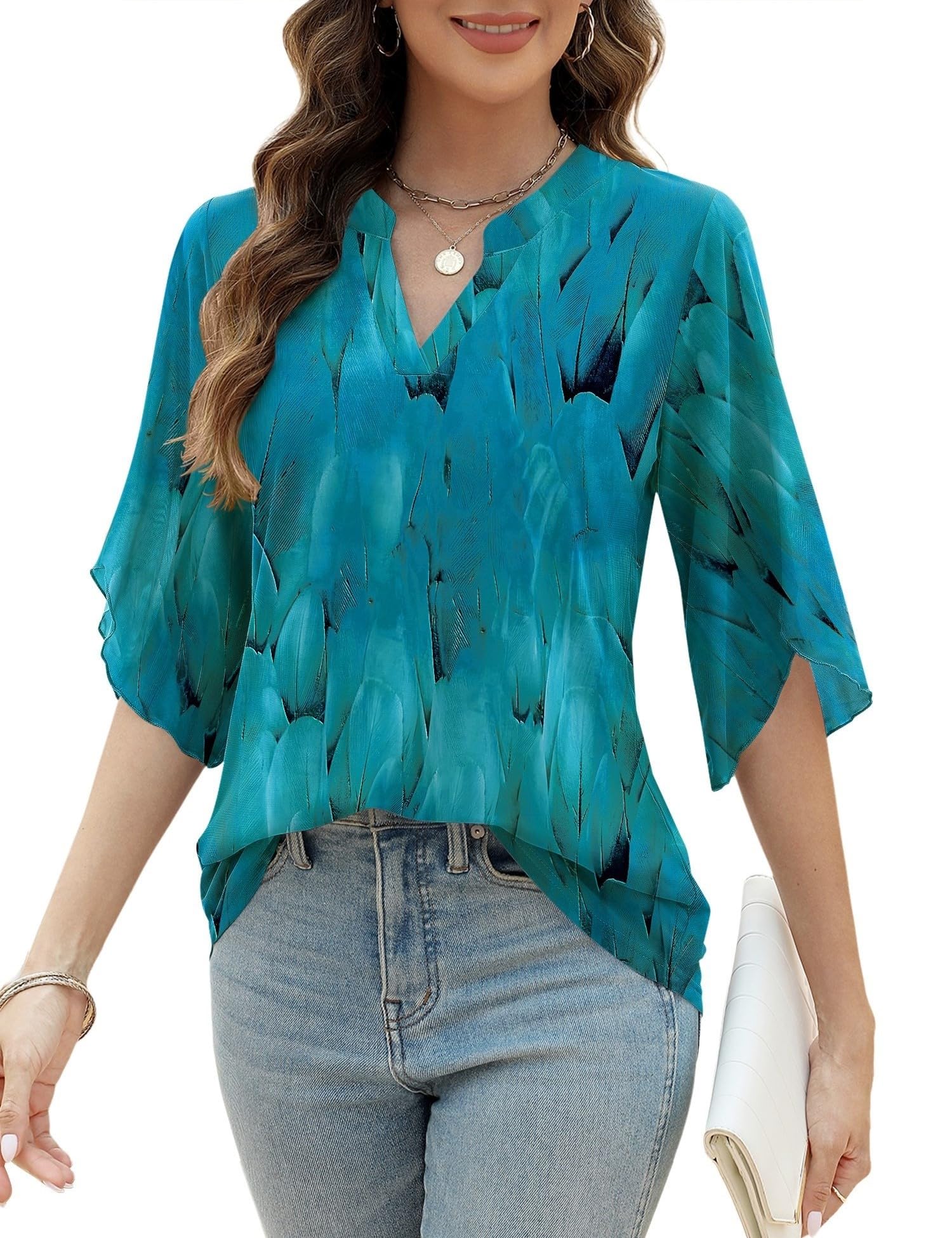 LUYAA Women's 3/4 Sleeve Blouses Tops V Neck Casual Dressy Double Layers Mesh Loose Fit Tunic Shirts