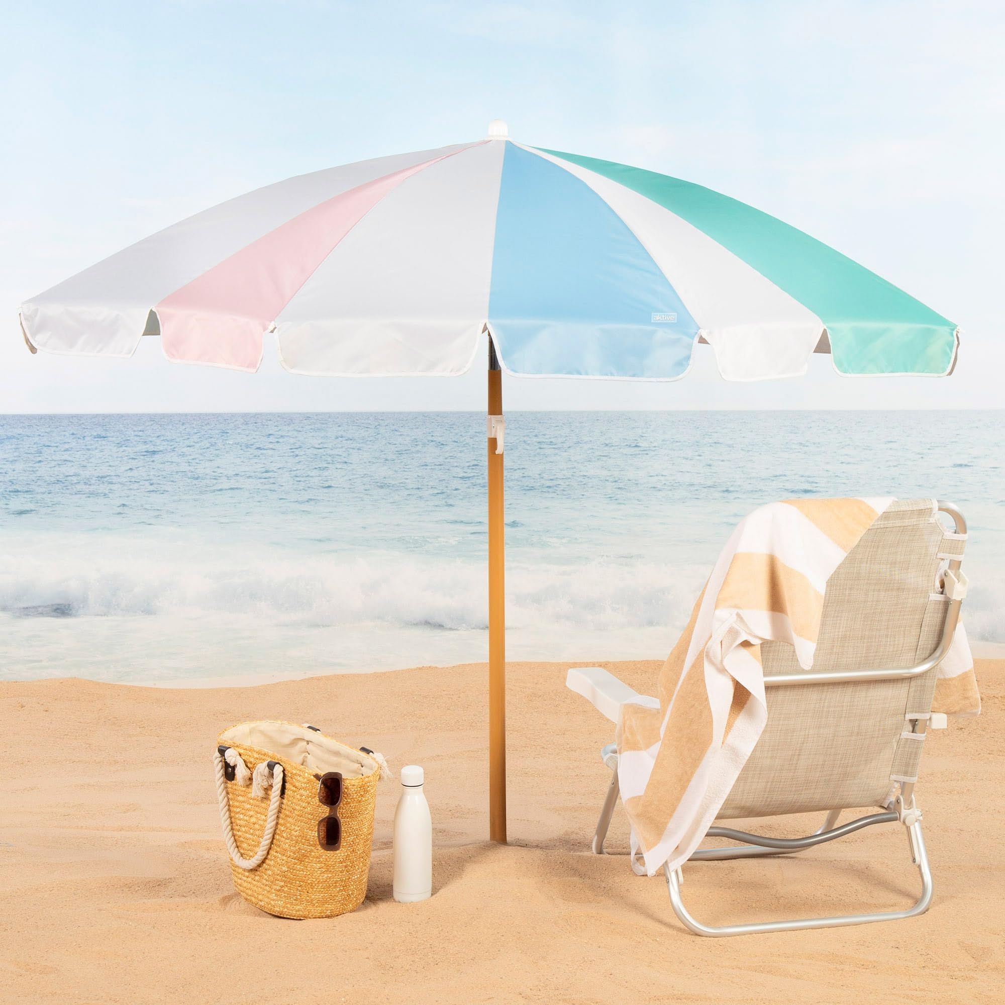 AKTIVE Parasol plażowy 8 żeber 200 cm tęczowy drążek przechylny maszt ochrona UV50 pręty z włókna szklanego 28/32 mm ze stalowym uchwytem do przenoszenia, wiatroszczelny (62430), tęcza, 200 cm
