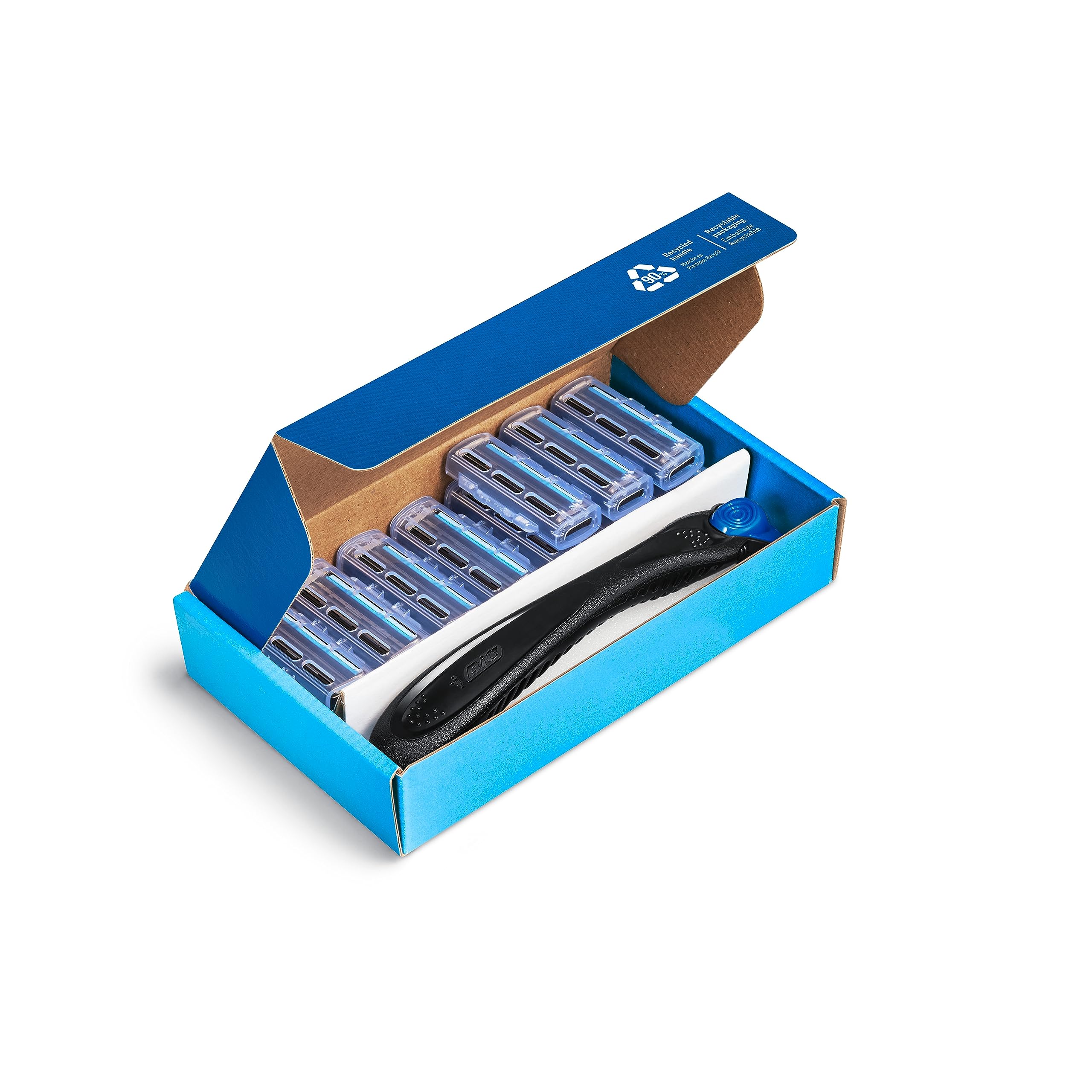 BIC Hybrid 3 Flex - Maquinilla de Afeitar Hombre + 10 Cuchillas de Recambio de 3 Hojas, Banda Lubricante y Mango Plástico Reciclado