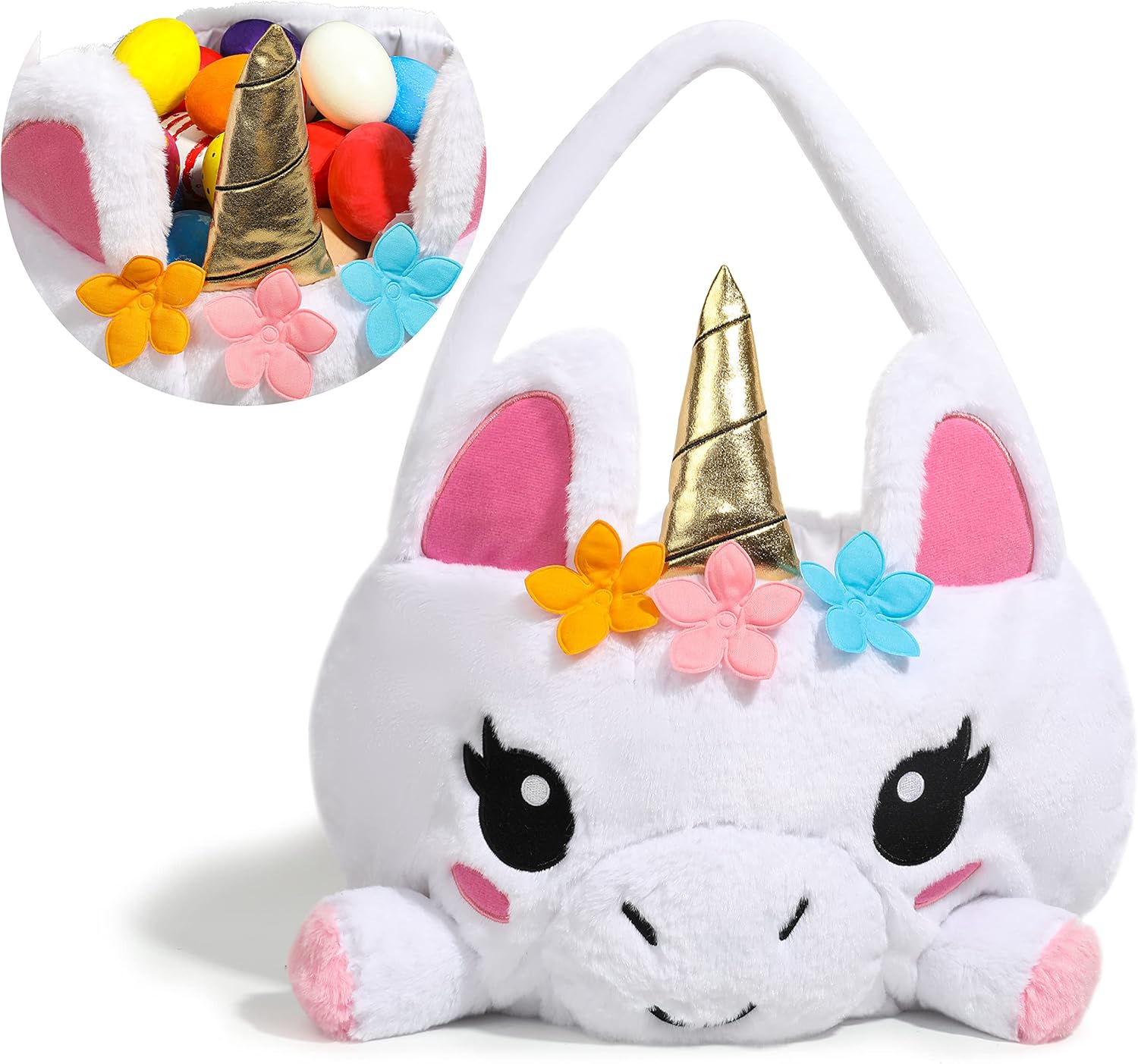 JOYIN Easter Large Unicorn Basket 16.9" x 10.6", Easter Plush 3D Empty Basket Soft Candy Tote Bag for Baby Girls Boys Spring Egg Hunting, Party Gifts Supplies, Party Favor Storage Container