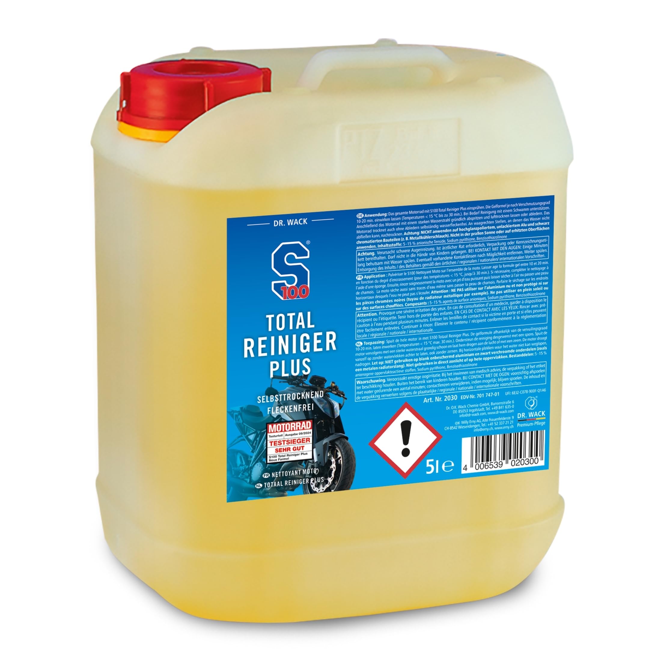 Dr. Wack - S100 Total Reiniger Plus 5 Liter - Effektiver Motorrad-Reiniger mit Gel-Formel - Schonende Reinigung von Verschmutzungen - Hohe Ergiebigkeit & Reinigungskraft - Hochwertige Motorradpflege