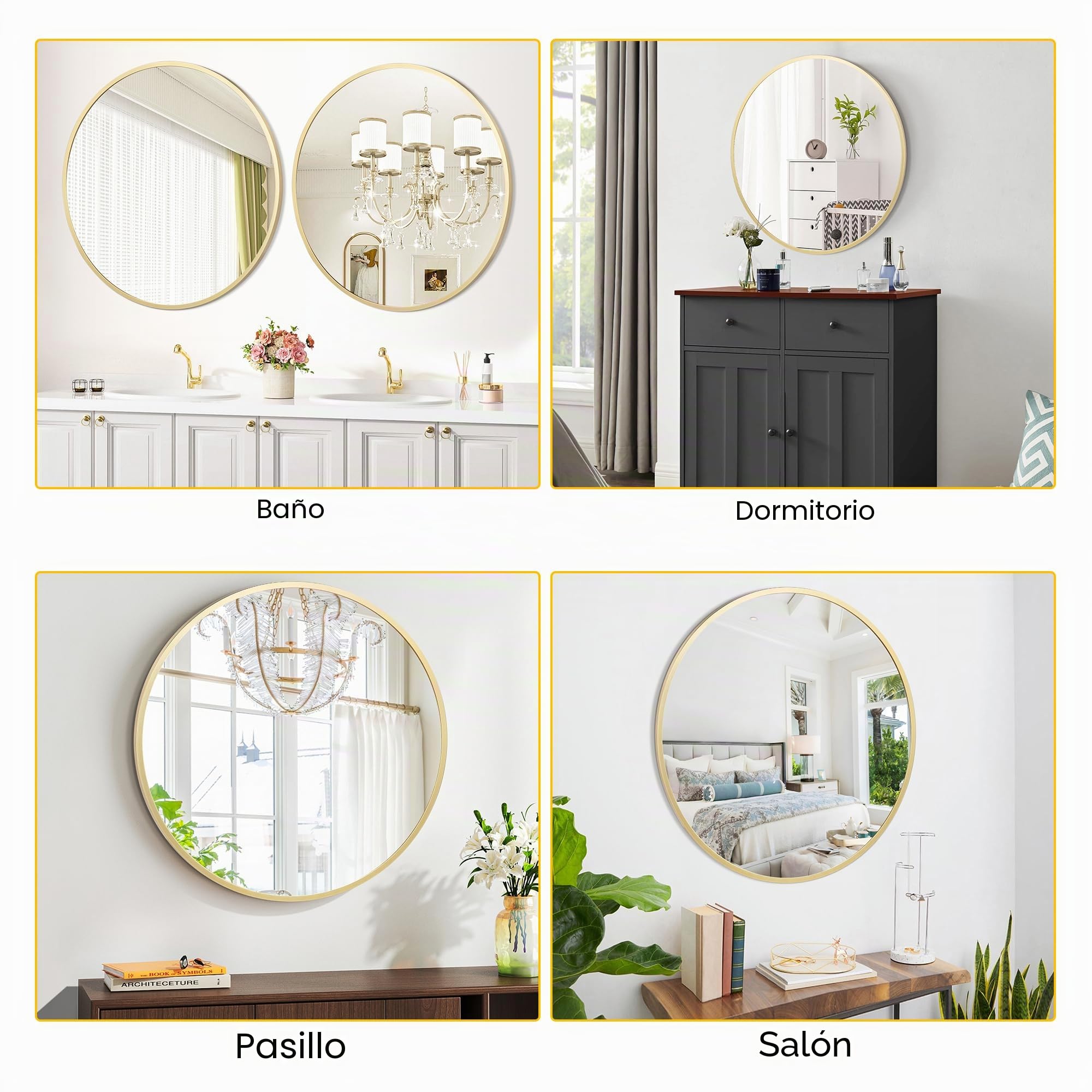 Garvee Espejo redondo de 24 pulgadas para pared, espejo circular con marco de metal dorado, espejo redondo para decoración de pared, espejo redondo para entrada, tocador, dormitorio, fácil de instalar