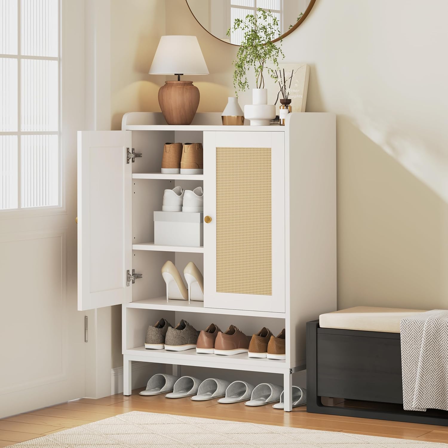 JASIWAY Rattan Shoe Cabinet in a home entryway, with one door open revealing shoes and accessories.