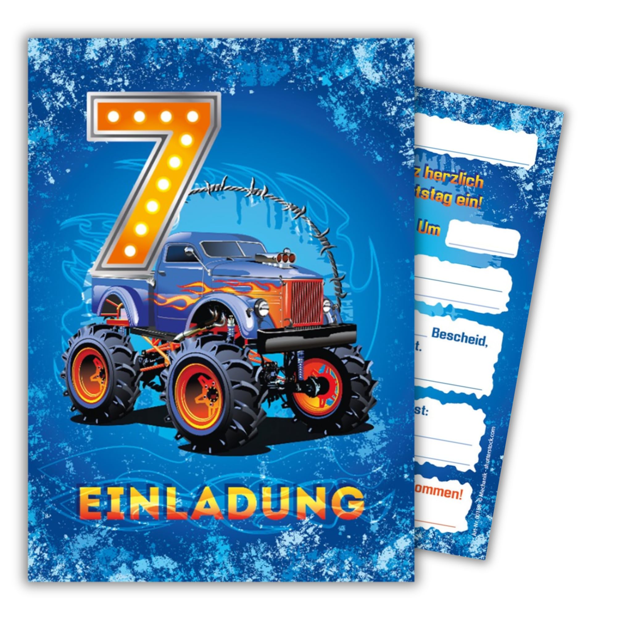 JuNa-Experten 12 Einladungskarten zum 7. Kindergeburtstag Jungen Auto Monster-Truck coole Einladungen siebte Geburtstag Jungsgeburtstag