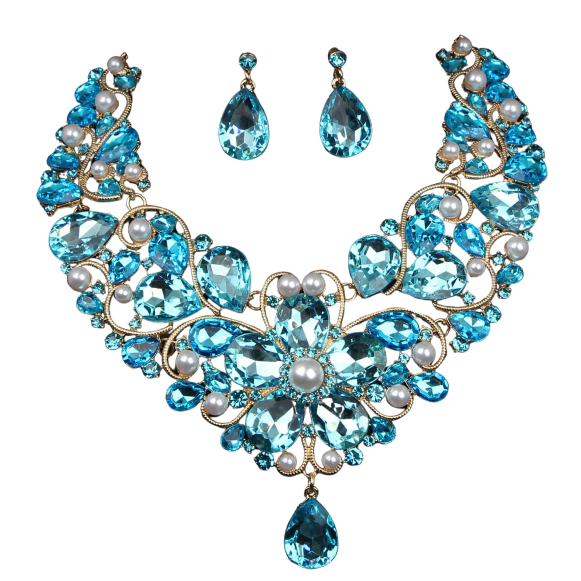 GEHNEY joy of jewels JN66 Necklace Set for Women and Girls – Stylish &Exquisite 18k Gold-Plated Jewelry Set with Blue Emerald Stones and Freshwater Pearls Accessories (Blue & Gold Pearls) (B0DCZDG541) Amazon Price History, Amazon Price Tracker