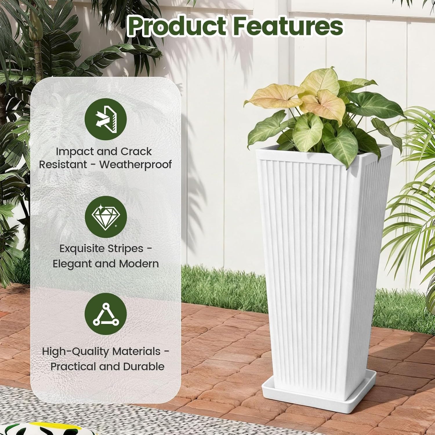 Tapered Tall Planters for Outdoor Plants Set of 2 - Square Fluted Large Outdoor Planters for Porch with Drainage Holes and Tray Saucers, Tall Indoor Flower Pots for Patio Garden, White
