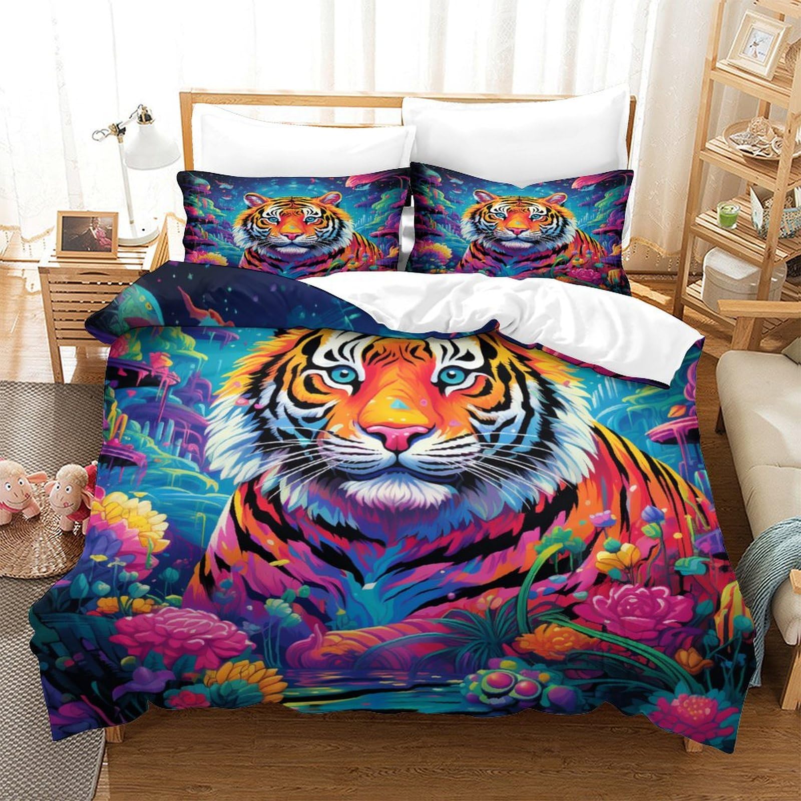 Housse de couette tigre 140x200 cm avec 2 taies d'oreiller en microfibre