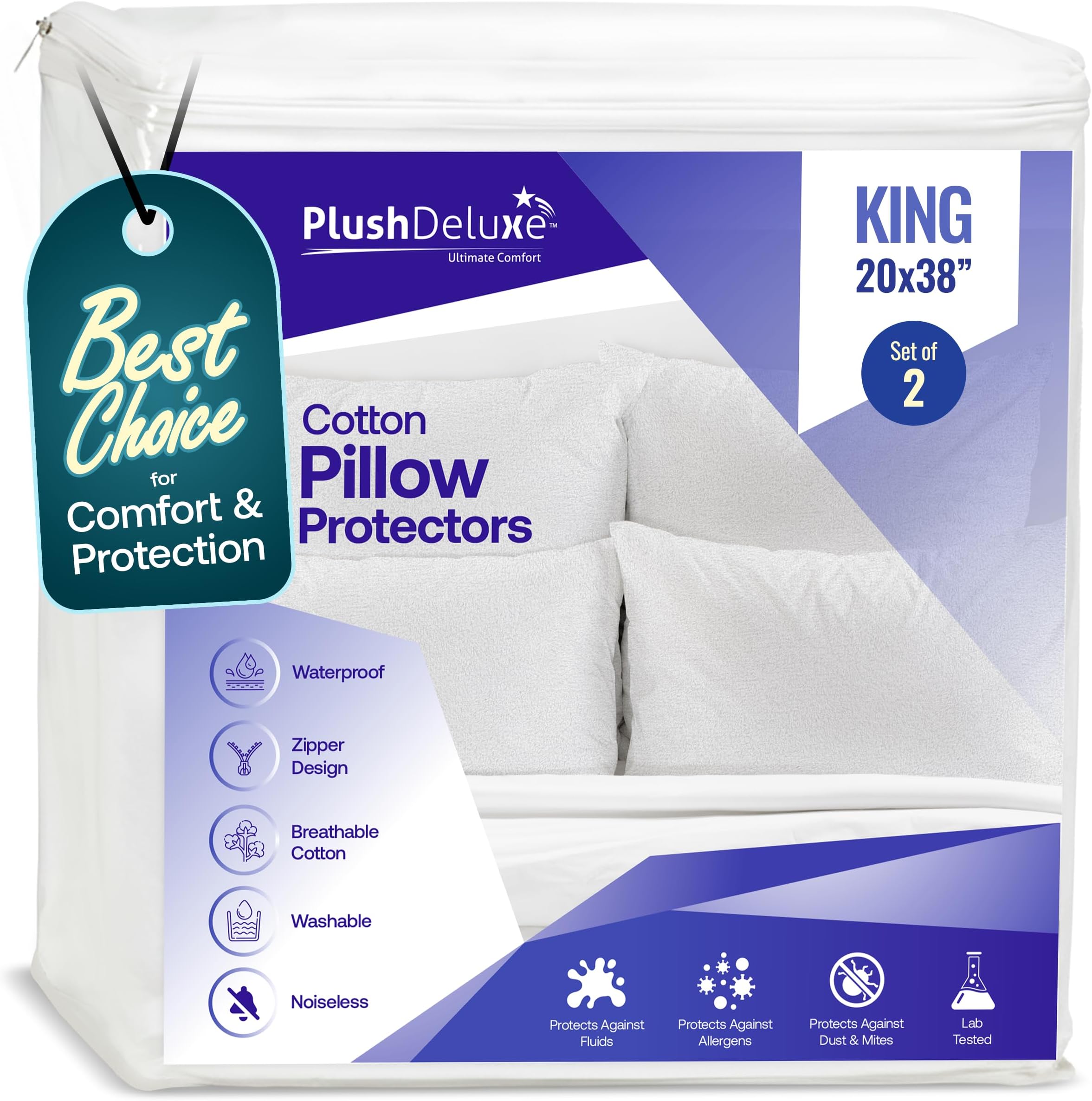 Premium Waterproof Pillow Protectors - King Size 20''x38'' Set of 2 - Zippered Pillow Cover Made with Soft Terry Cotton Fabric - Hypoallergenic and Dust Proof