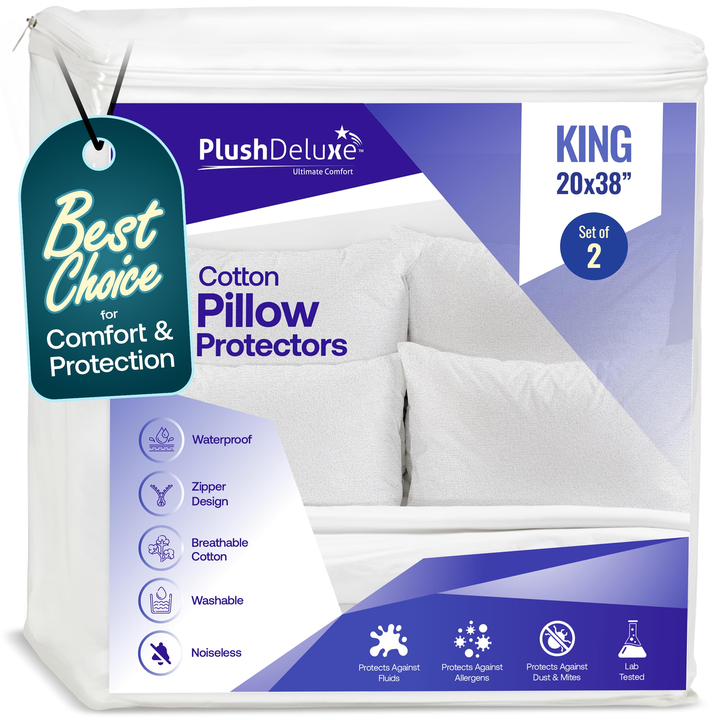 Premium Waterproof Pillow Protectors - King Size 20''x38'' Set of 2 - Zippered Pillow Cover Made with Soft Terry Cotton Fabric - Hypoallergenic and Dust Proof