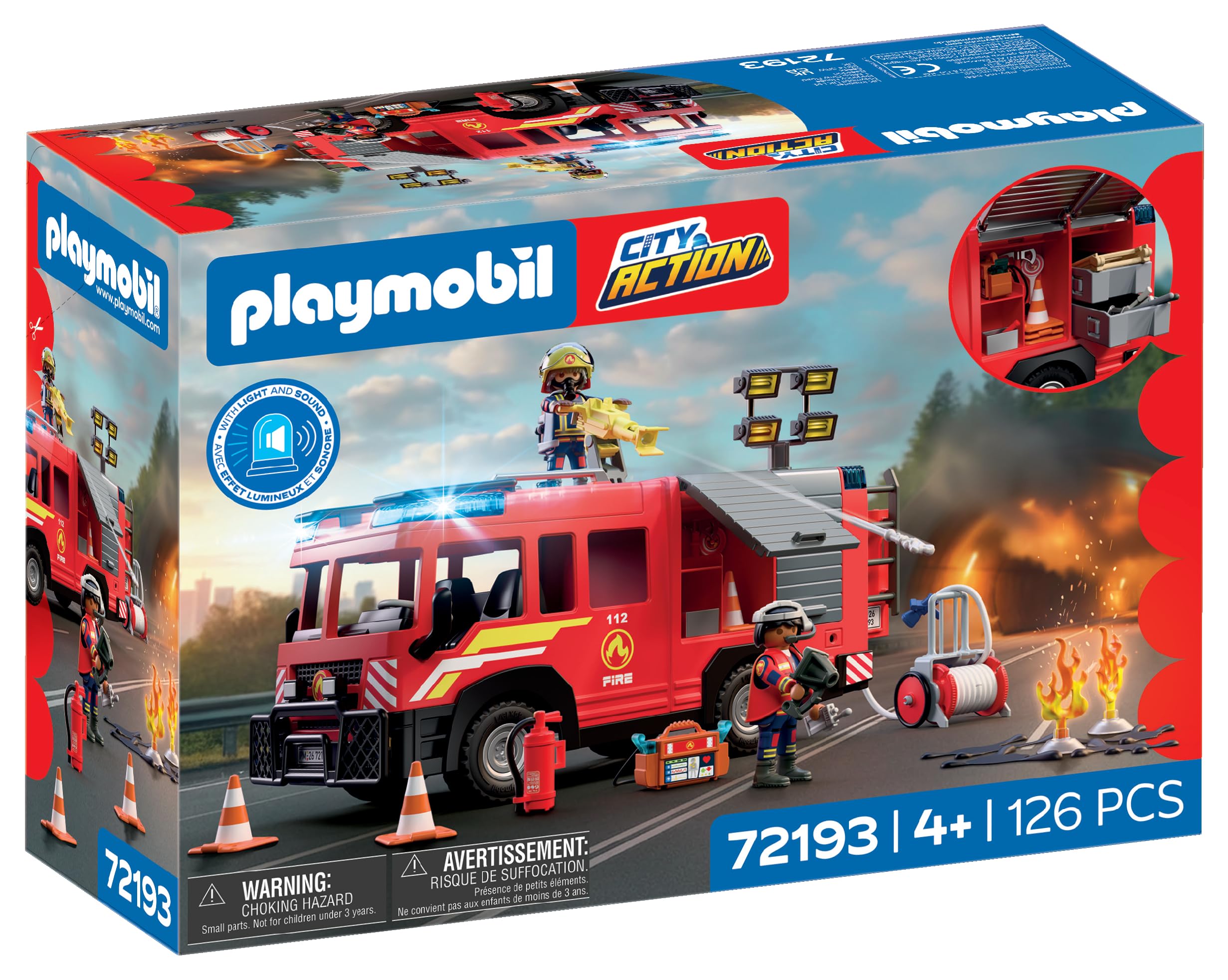 PLAYMOBIL | City Action | Pojazd ratunkowy dla strażaków | Pojazd ratunkowy ze światłem, dźwiękiem, działem gaśniczym i akcesoriami | Od 4 lat | 72193