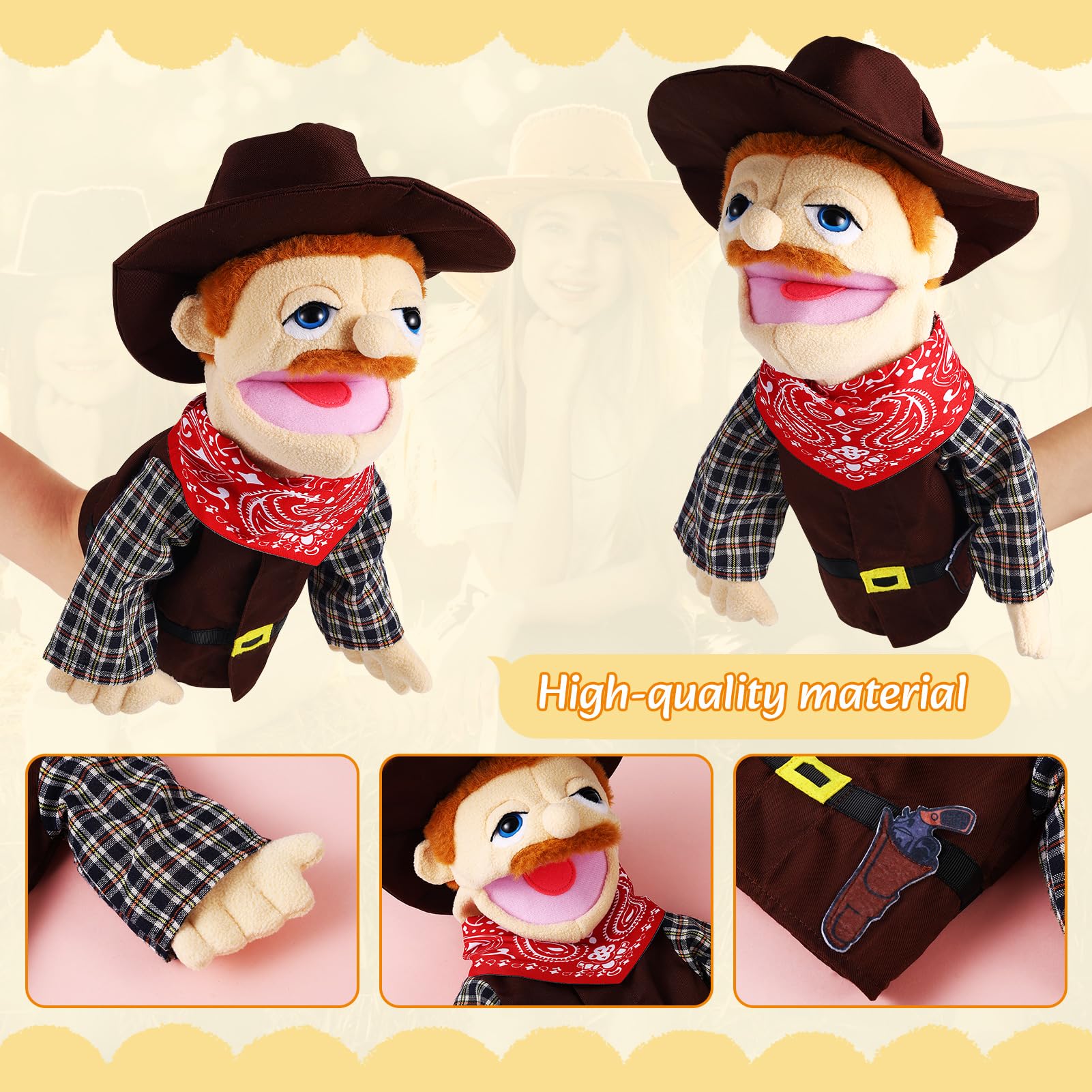 Role Play Hand Puppets Hand Plush Chef Doctor Fireman Pirate Detective Athlete Nurse Worker Hand Puppet Toys Puppets for Kids Storytelling Imaginative Pretend Play Teaching Preschool(Cowboy)