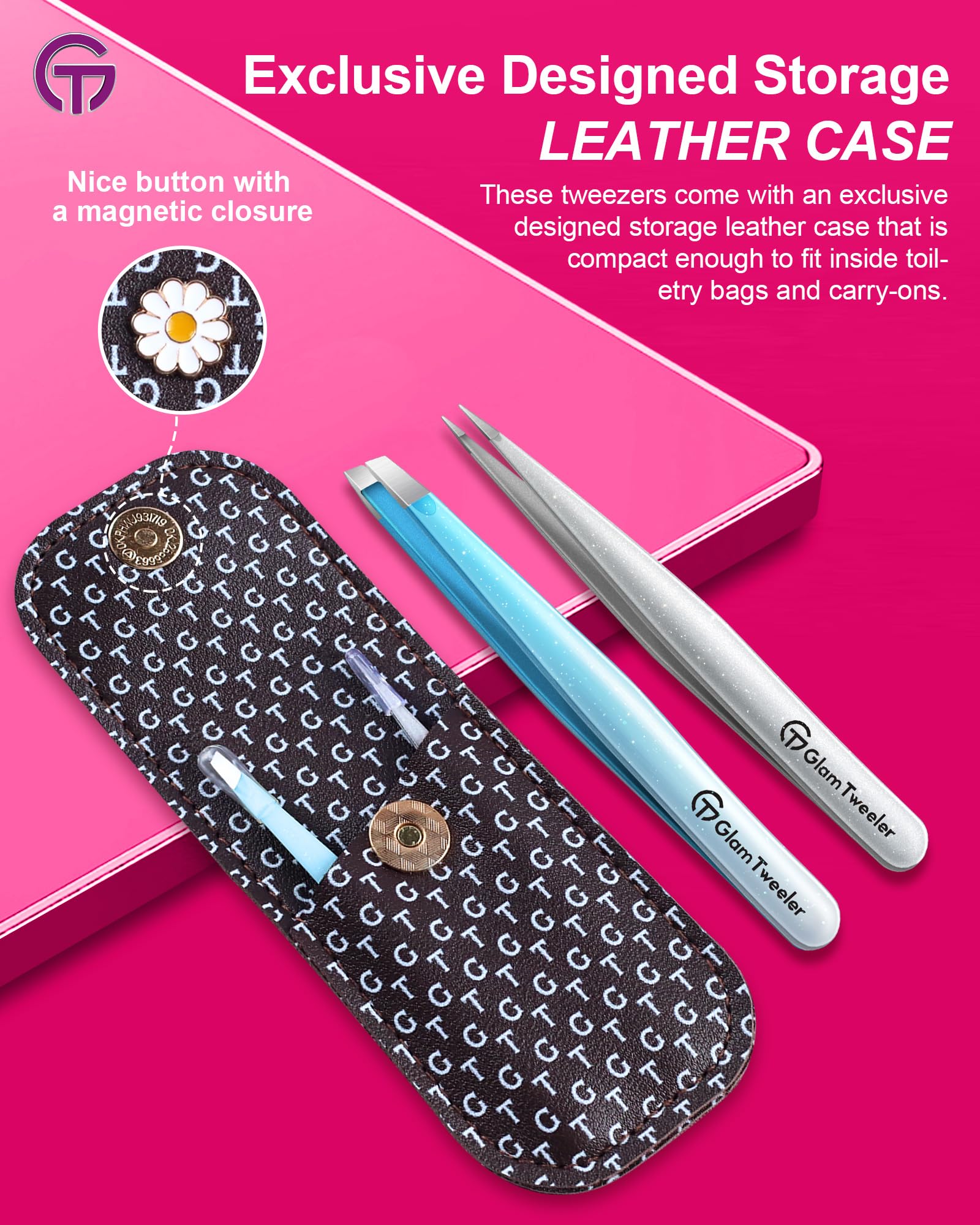 GlamTweeler - Juego de pinzas de punta inclinada y puntiaguda con exclusiva funda de cuero, juego de pinzas afiladas y de precisión para cejas, vello facial y eliminación de vello fino (azul brillante