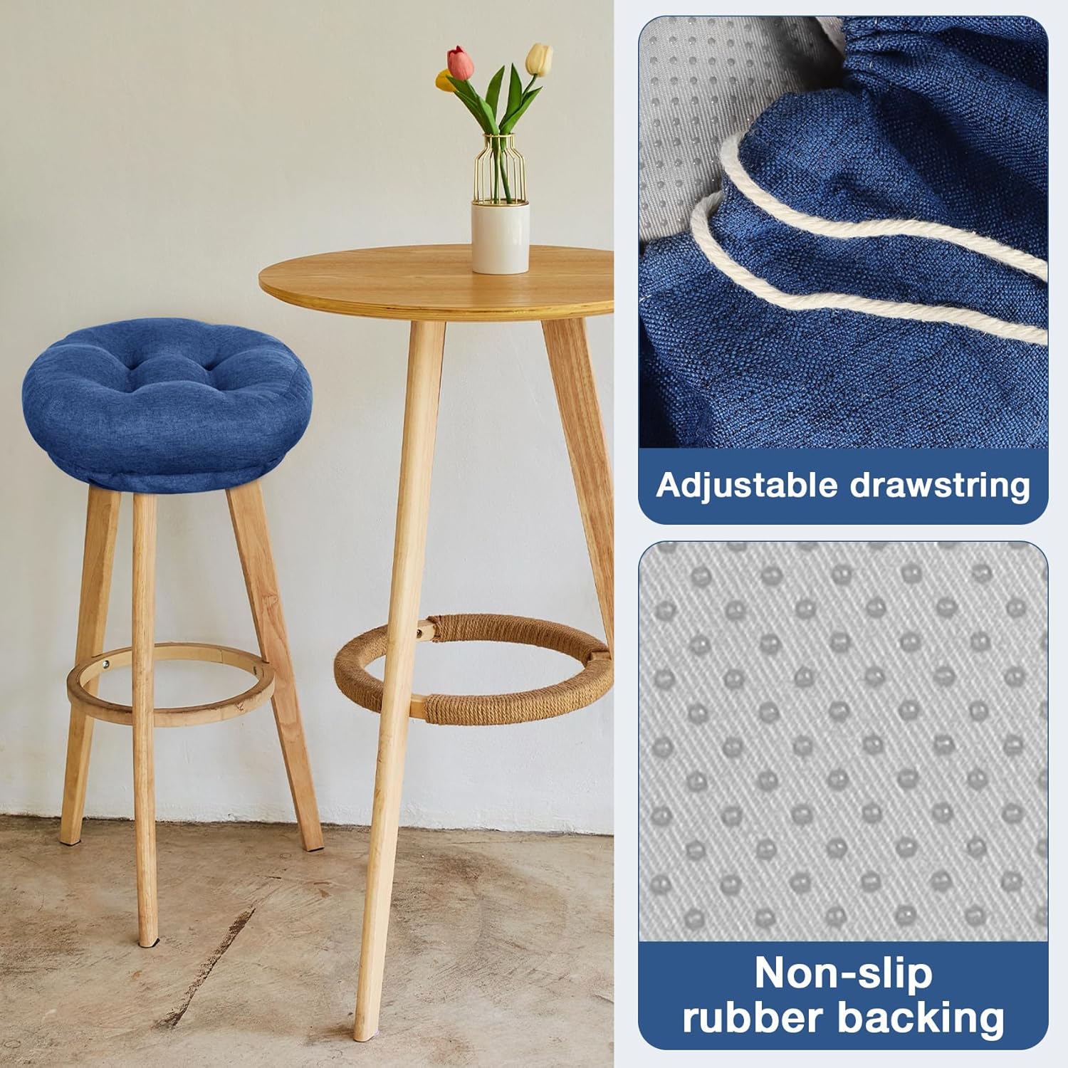 Navy Blue Bar Stool Seat Cushions, Round Stool Covers Pads with Ties Non Slip (14"x14"x4",2 Pack)