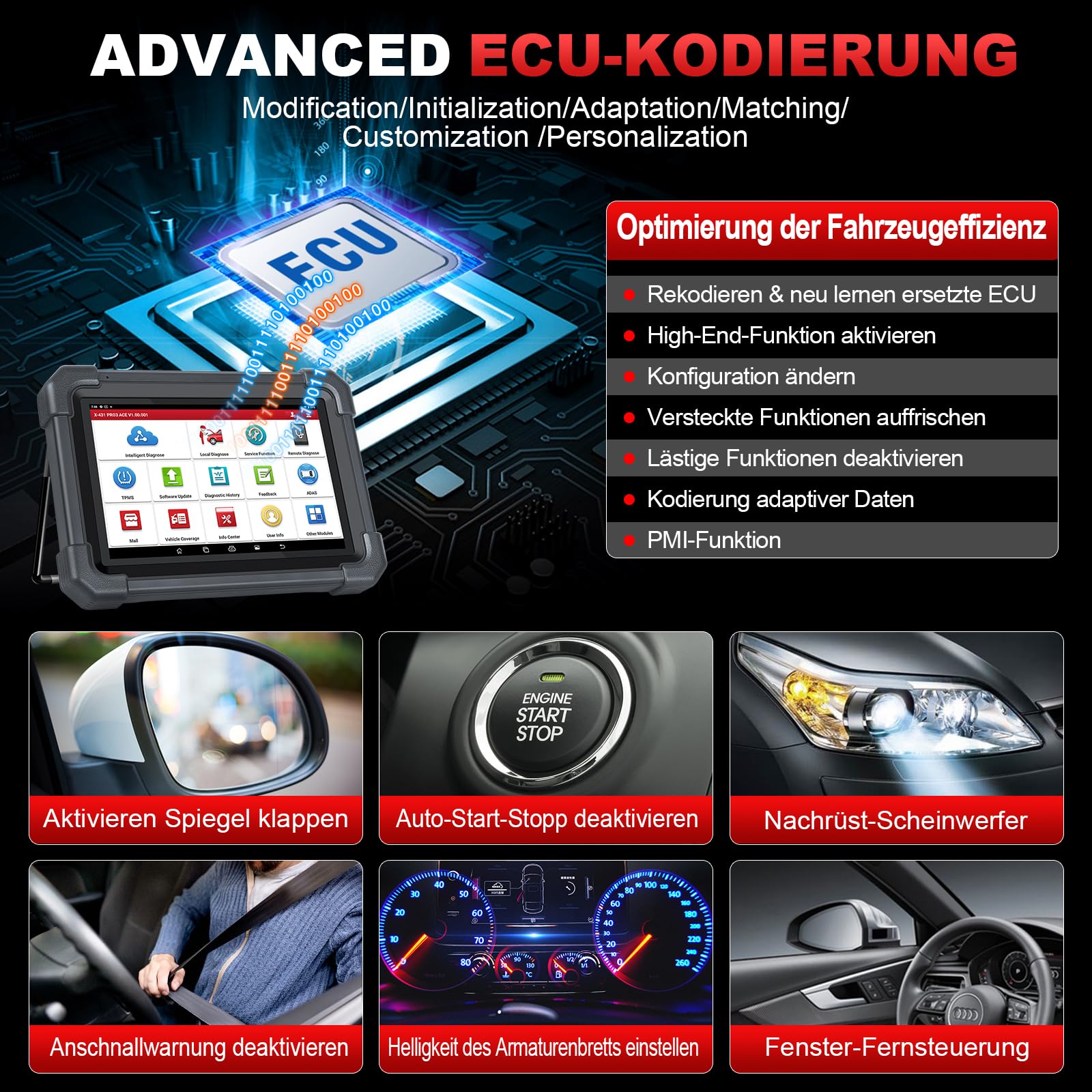 LAUNCH X431 PRO3 ACE OBD2 Auto Diagnosegerät mit DBScar VII,Kfz-Scan-Tool Topologie Mapping,Online-Codierung,CANFD&DoIP,55+Dienste,FCA,OBD1-Adapter-Koffer,10.1 Zoll