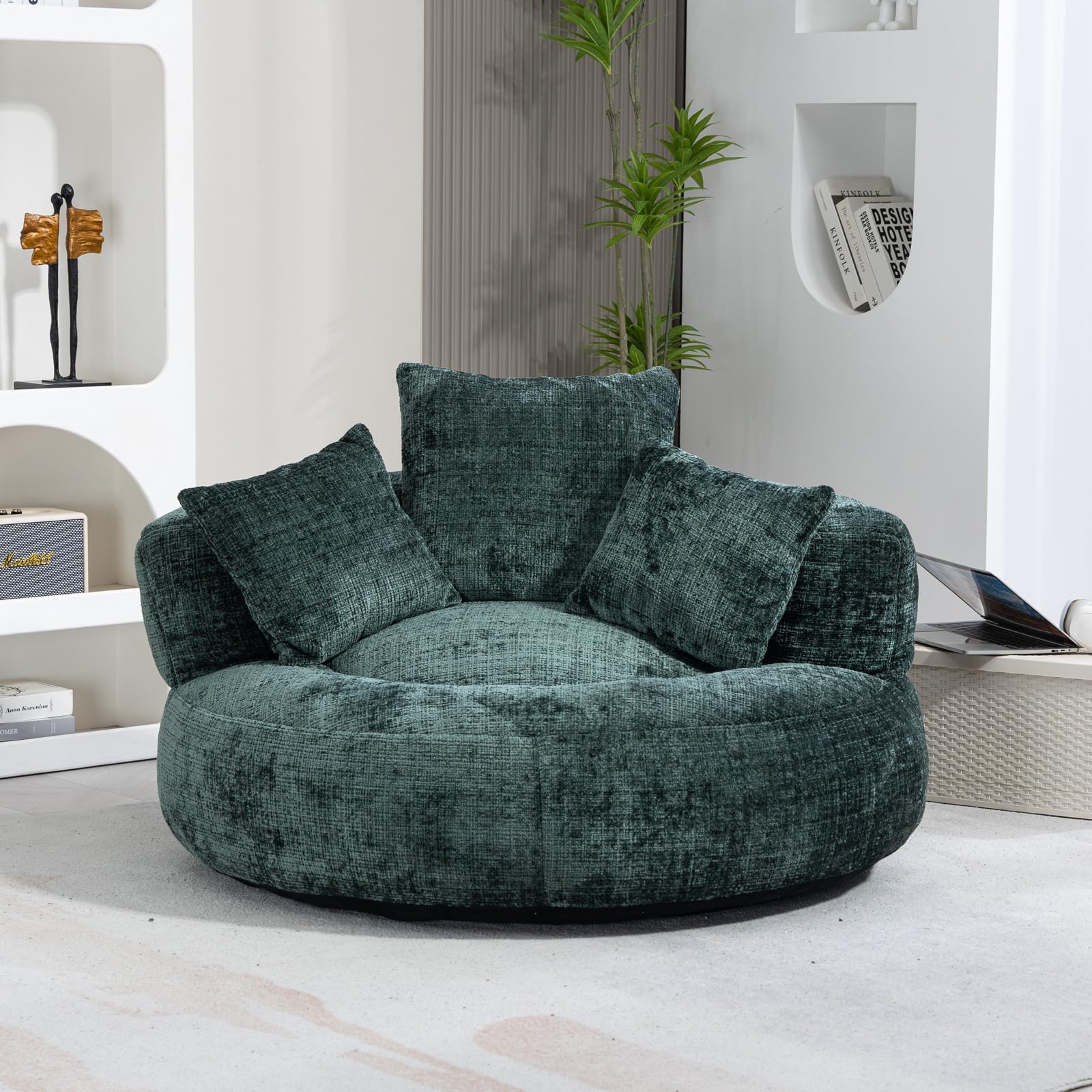 Bean Bag Chair, Lazy Sofa with High Back & 3 Pillows, Lounger Oversized Bean Bag Chairs for Adults & Kids, Plush Chenille Velvet Fluffy Couch for Bedroom, Living Room (Emerald)