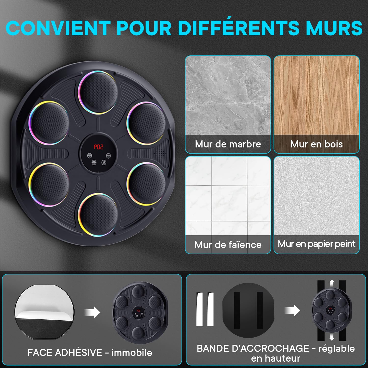 Machine de Boxe Musicale - Boîte Murale Musique, 12 Modes de Vitesse et LumièRe & Bluetooth, Gants MMA Inclus, Salle de Sport à Domicile pour Adulte et Enfant - Fitness, Loisir Familial