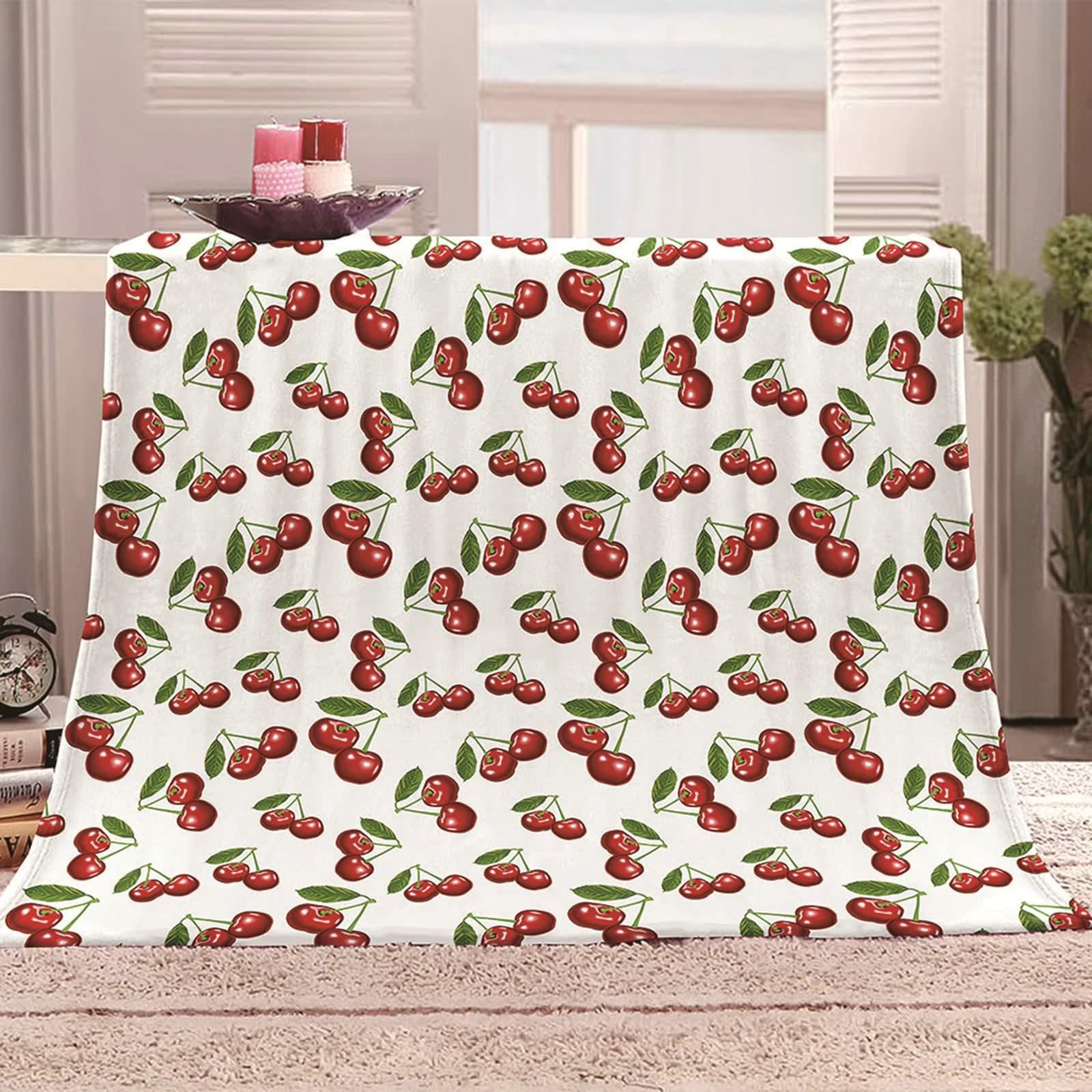 Aeici Couverture Polaire, Couverture en Flanelle Couverture 150x200 cm avec Cerise et Feuilles Couverture Canapé Cadeau pour Adultes et Enfants