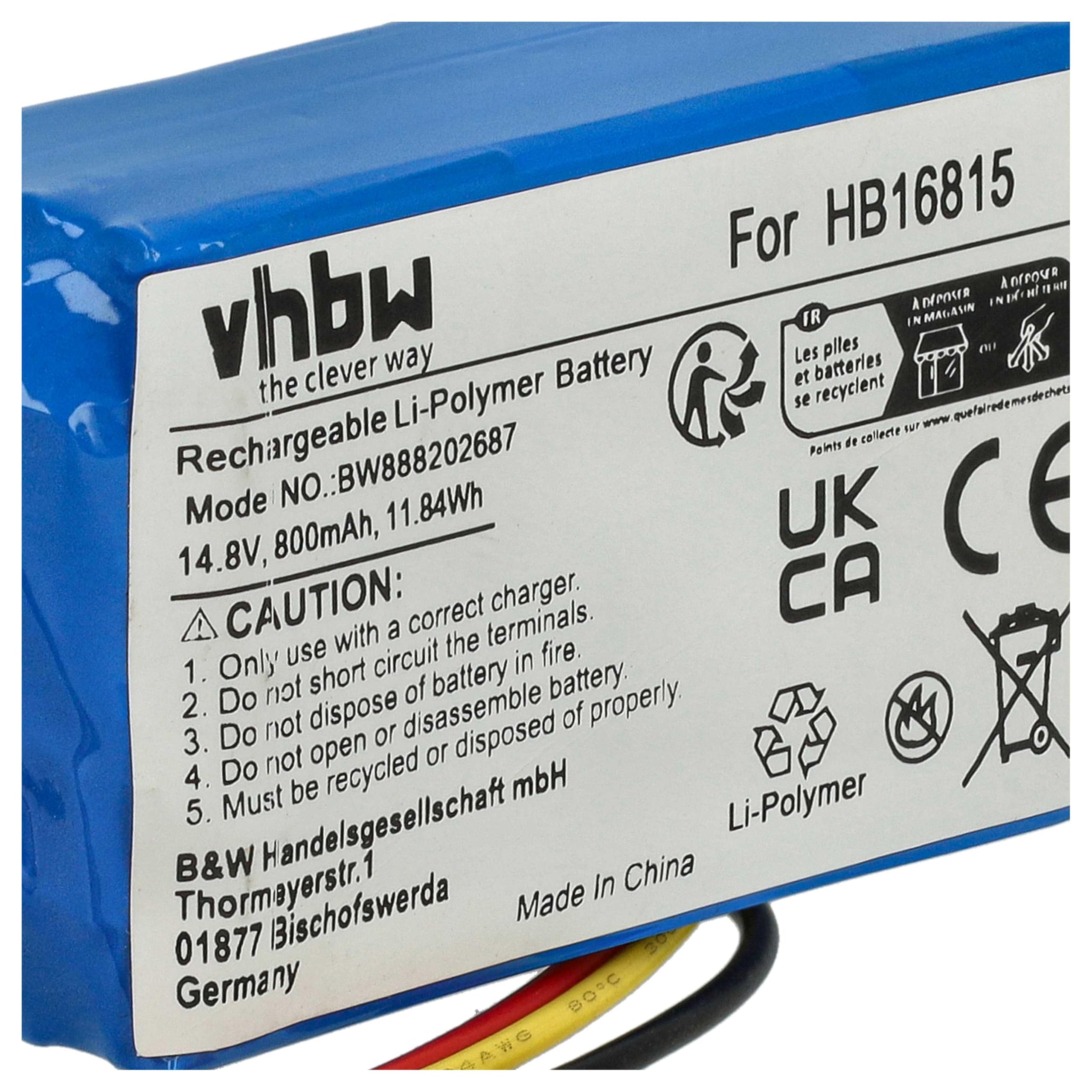 vhbw batteria compatibile con Hobot 168, 188, 198, 268, 288 aspirapolvere home cleaner (800mAh, 14,8V, Li-Ion)