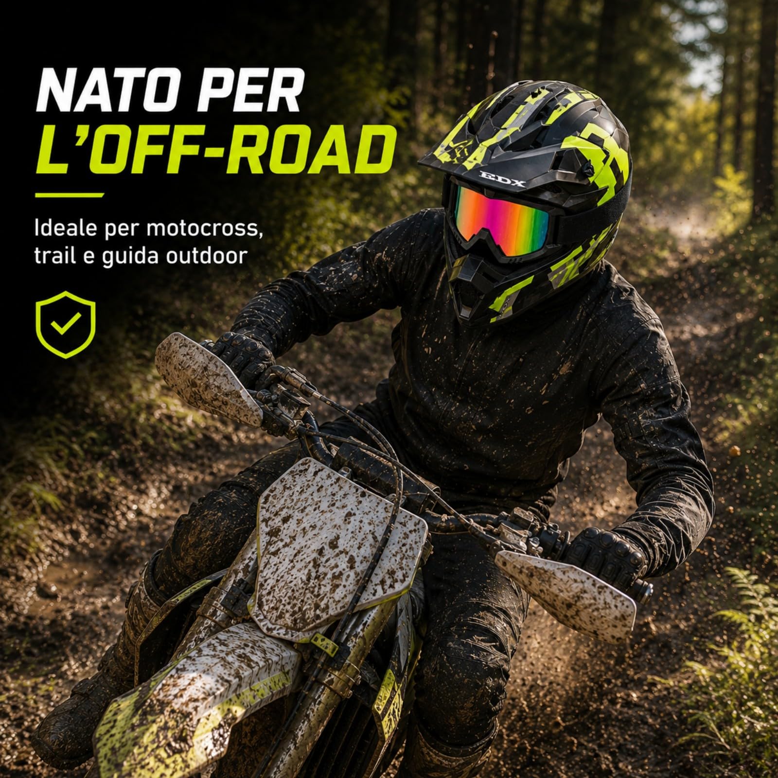 Casco Cross nero opaco e giallo neon con Occhiali e Guanti