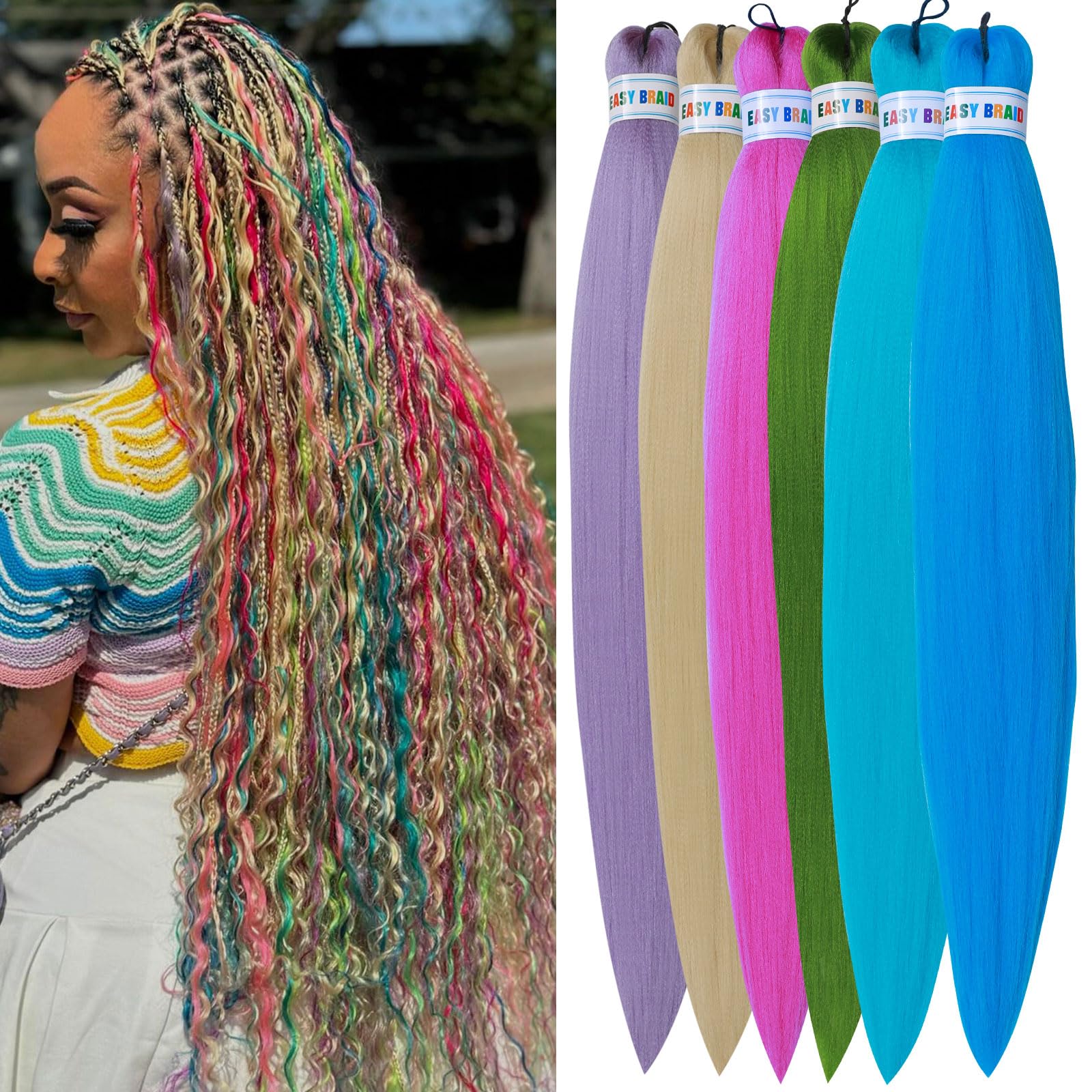 Ms Aloe Colorful Braiding Hair Pre Stretched Multi Color Pre Stretched Braiding Hair for Boho Braids 26inch 6packs Hot Water Setting Colored