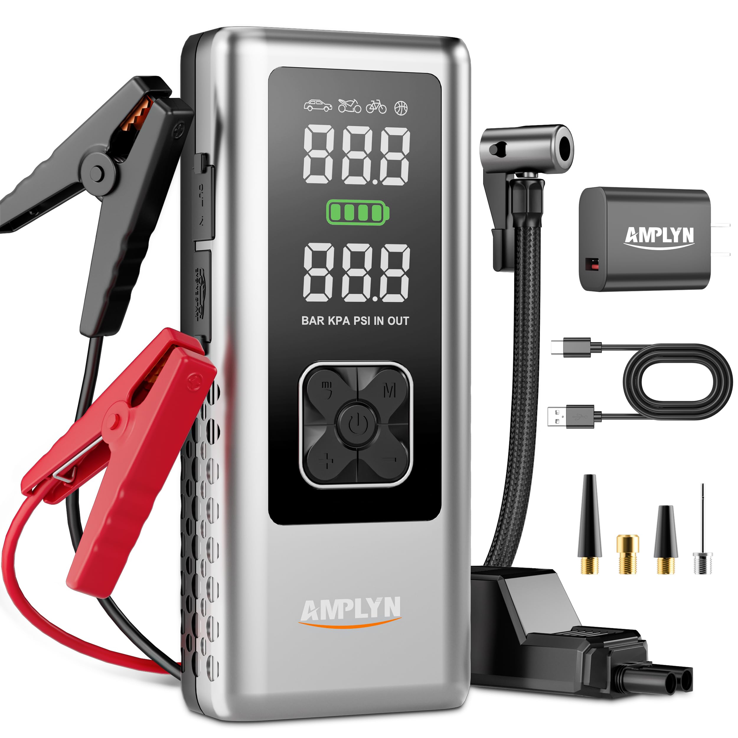 Car Battery Jump Starter with Air Compressor 160PSI,5500A Portable Jump Starter Battery Pack (All Gas/10L Diesel),12V Starter Jump Box with Jumper Cables,Type C Fast Charging,3 Mode Light