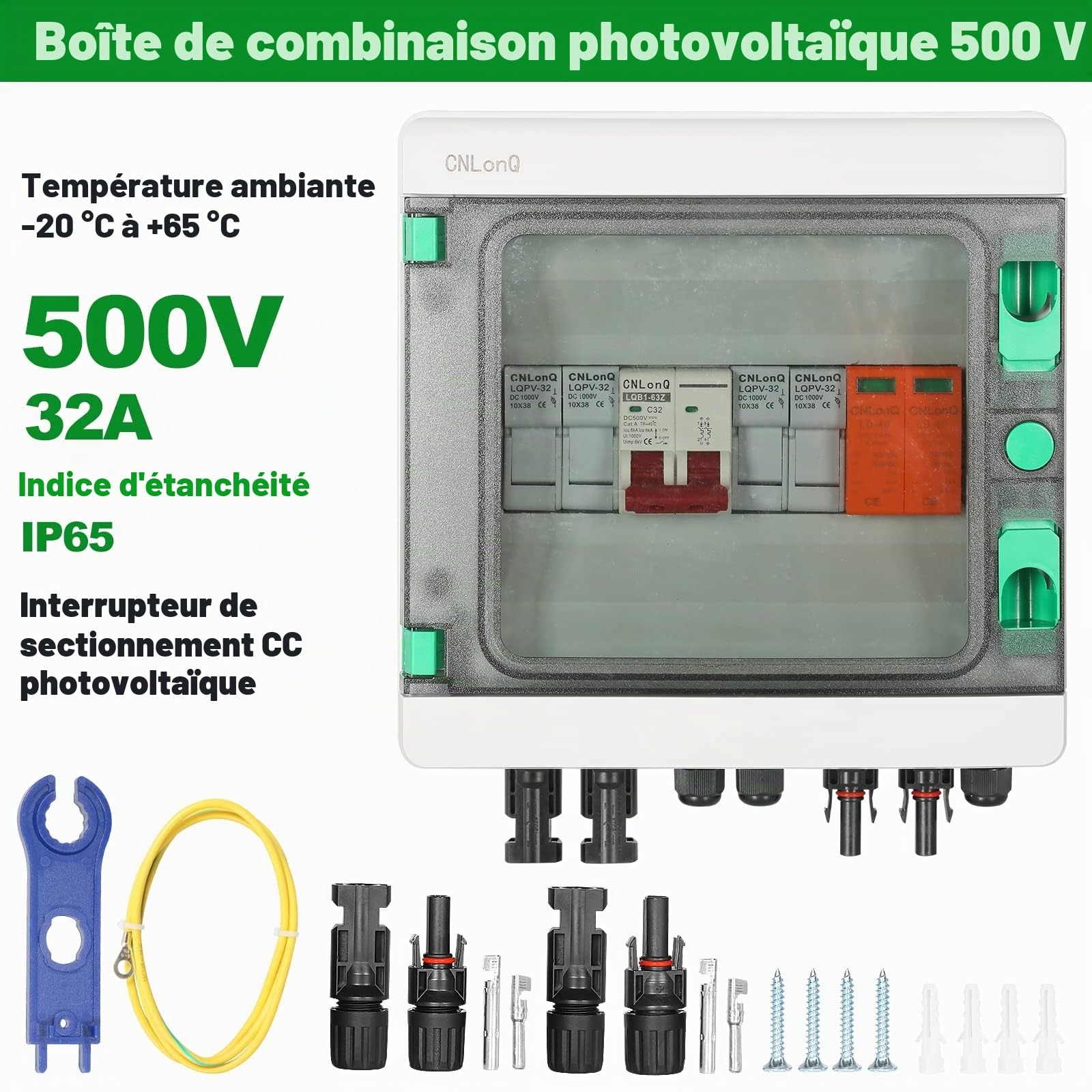 Boîte de Combinaison Solaire Étanche IP65 à 2 Voies avec Disjoncteur DC500V 32A et Fusibles 15A et Parafoudre 40KA,pour Système Solaire Photovoltaïque Boîte d'Électricité