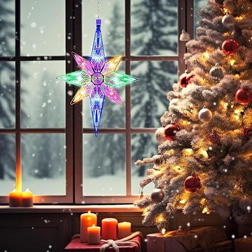 Vista 5 de Mudder 10.8 Inch Christmas Window Star Lights Large Hanging Bethlehem Star Tree Topper Decoration Christmas LED Window Lights Silhouette