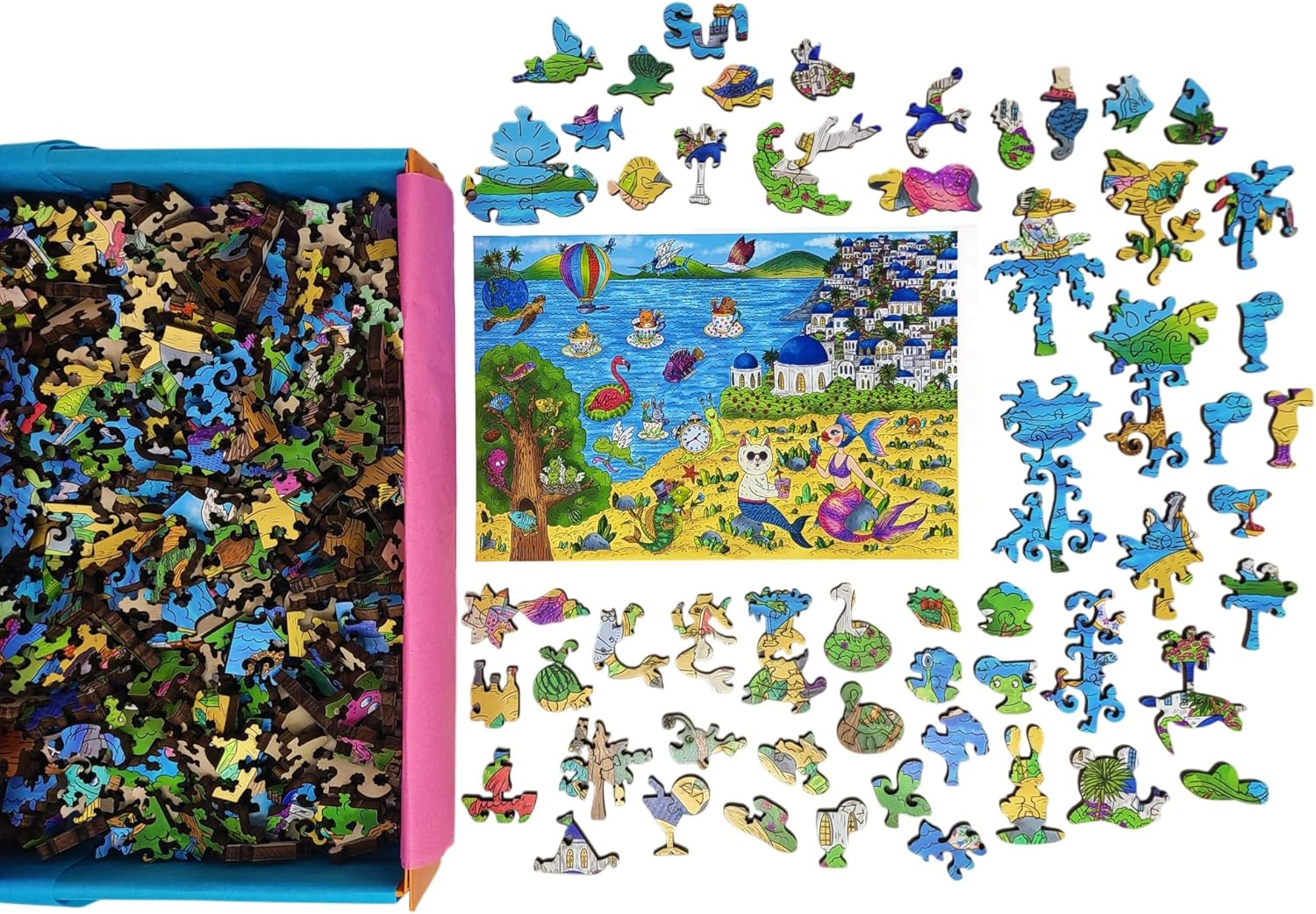 Wooden Puzzle for Adults - Uniquely Shaped Pieces - Made in The USA by FoxSmartBox - 480 Pieces - A Sunny Day in Santorini