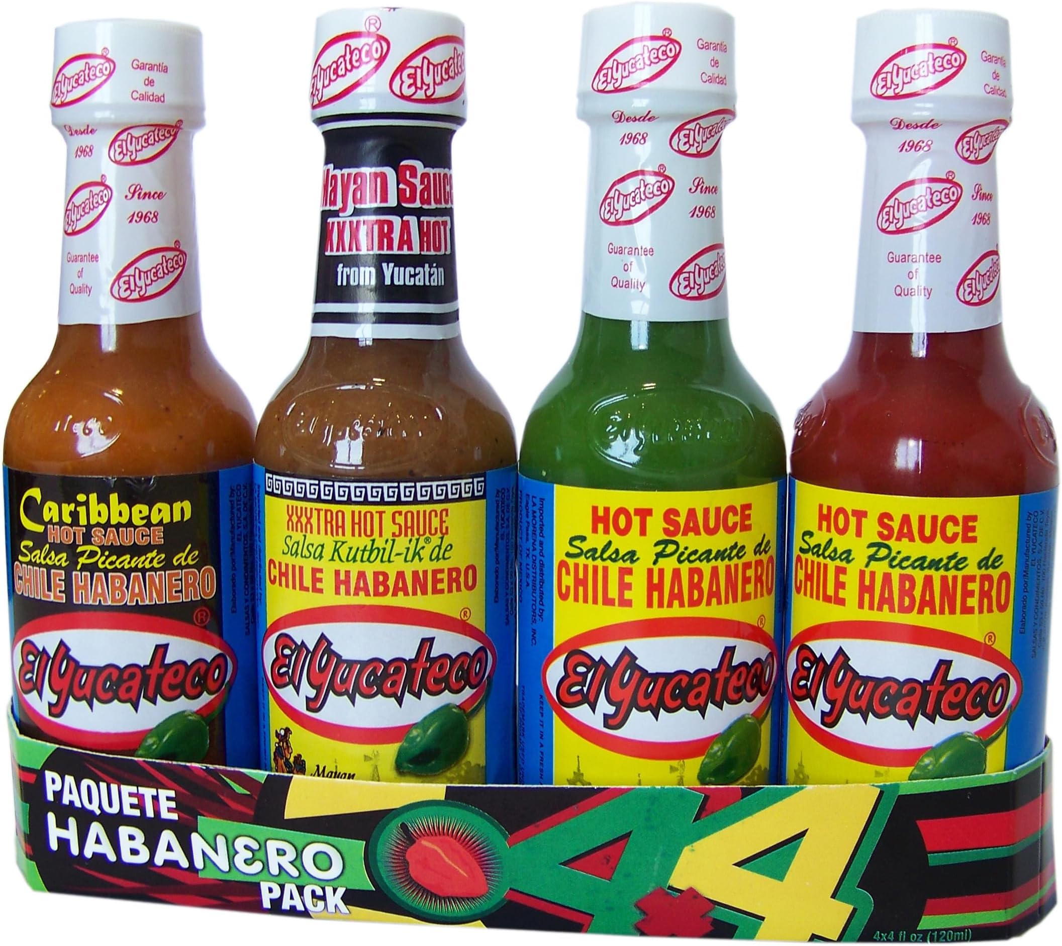 El Yucateco 4 Pack Hot Sauce Bundle, 1 Red Sauce, 1 Green Sauce, 1 Xtra Hot Sauce, 1 Carribbean Hot Sauce
