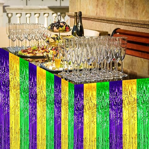 Miniatura 52 de Paquete de 2 faldas de mesa de oropel con flecos metálicos de 29.5 x 108 pulgadas para mesas rectangulares, falda de mesa de fiesta para bodas