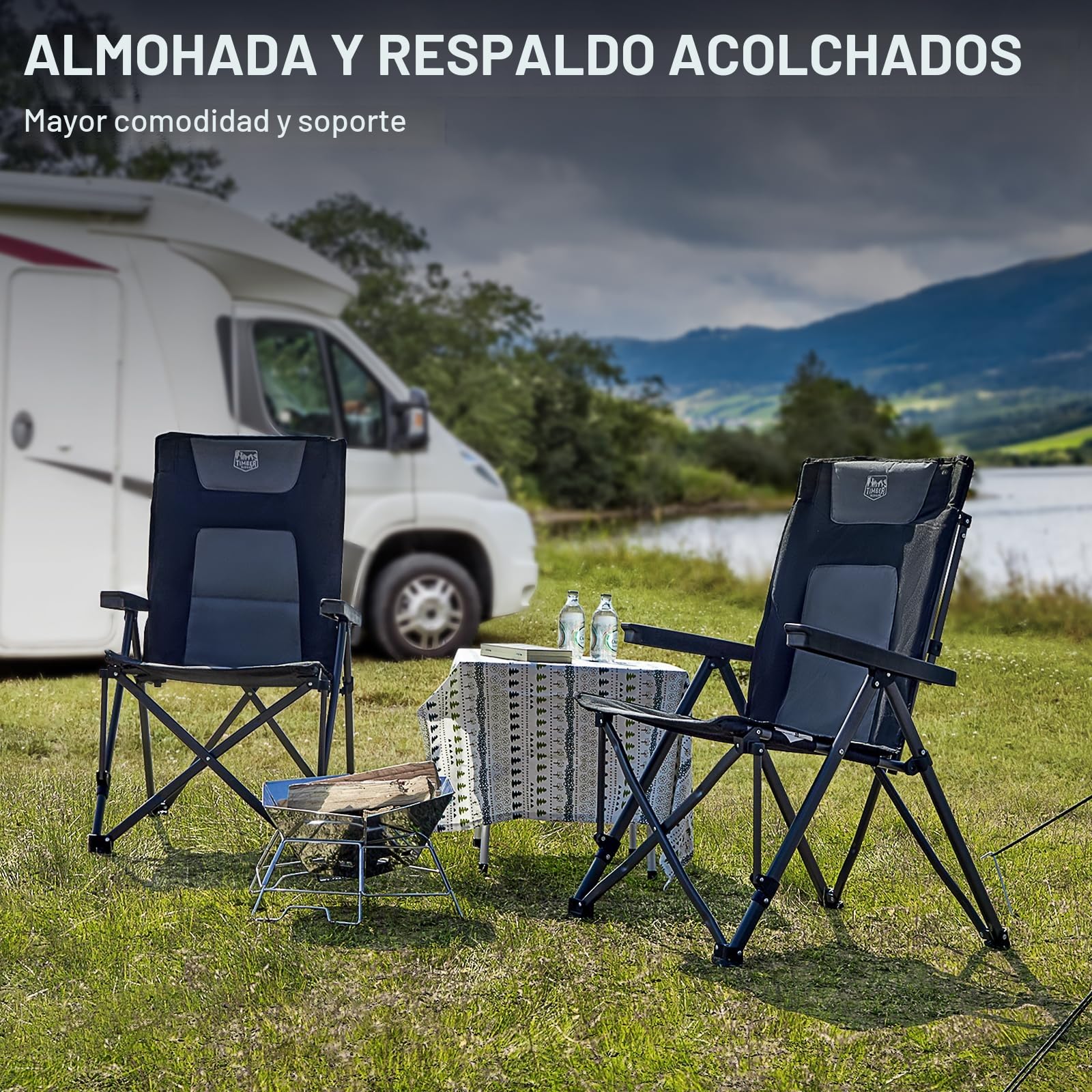 TIMBER RIDGE Silla de camping plegable de 260 kg, respaldo alto ajustable en 4 posiciones silla plegable acolchada, respaldo alto con bolsa de transporte silla de camping para jardín, balcón, caravana
