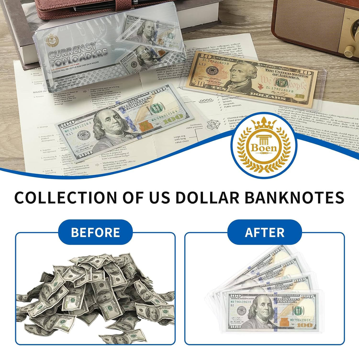 Boen 50 Pack Top-Load Dollar Bill Sleeves, Hard Currency Holder | 6.9" x 3" Waterproof Clear PVC Currency Sleeves, Money Storage Display Protectors for Collectors