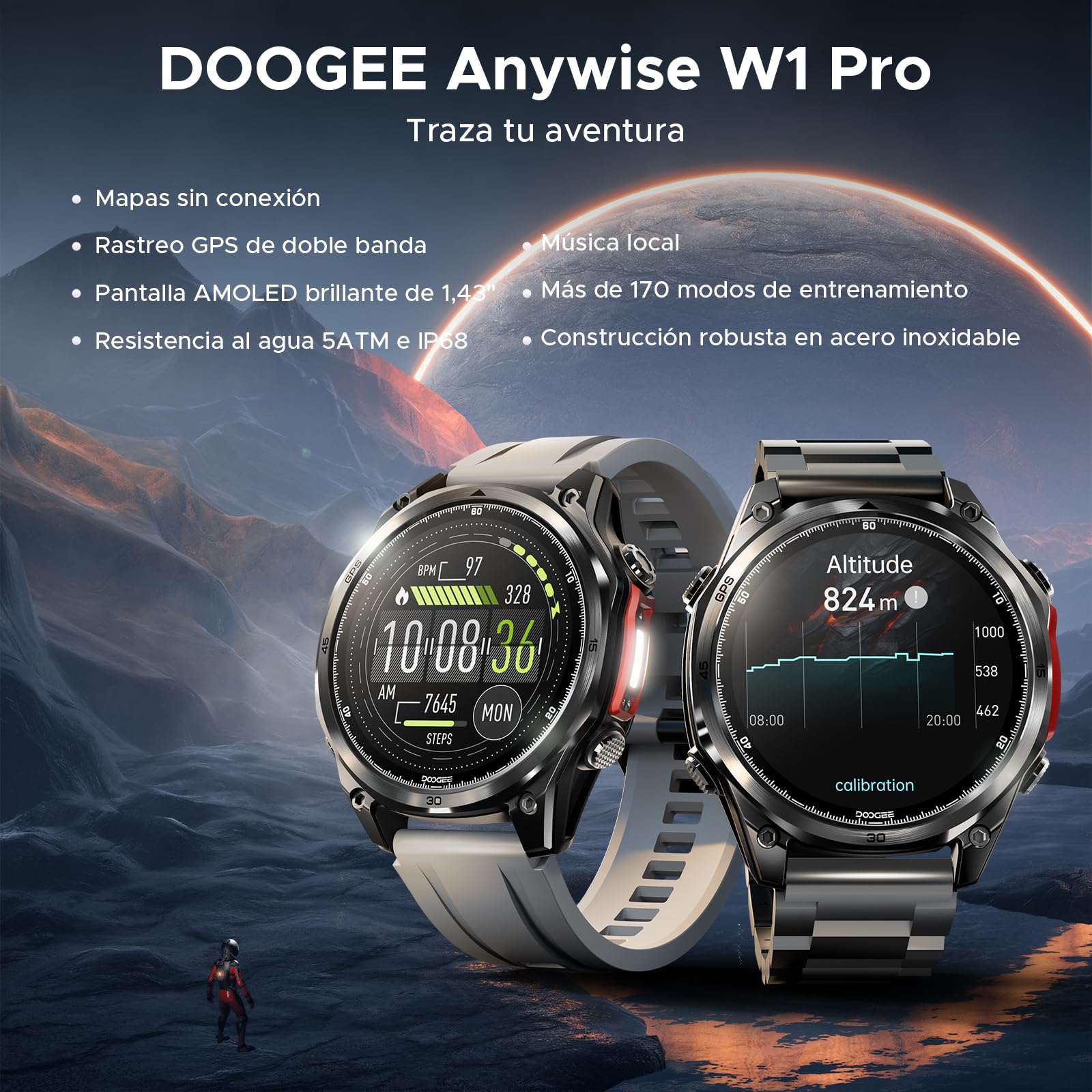 Anywise W1 Pro Reloj Inteligente para Hombre, GPS de Doble Banda y Tarjetas sin conexión, Resistente al Agua 5 ATM, batería de 18 días, 1,43 Pulgadas AMOLED HD, 170+ Modos Deportivos, Llamadas
