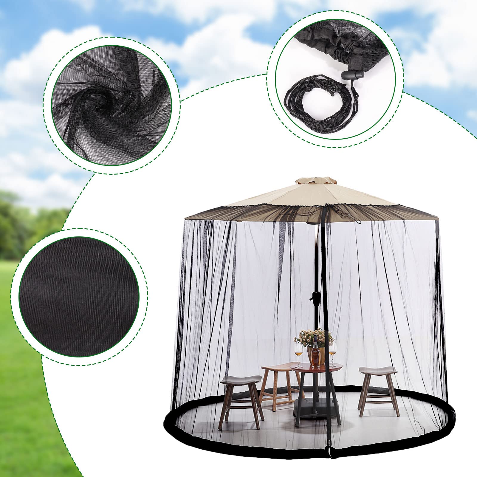 LiveGo Terrassenschirm, Moskitonetz, Polyester-Netzschirm, universeller Schirm, Moskitonetz mit Reißverschluss-Tür und verstellbarem Seil, passend für Outdoor-Regenschirme und Terrassentische