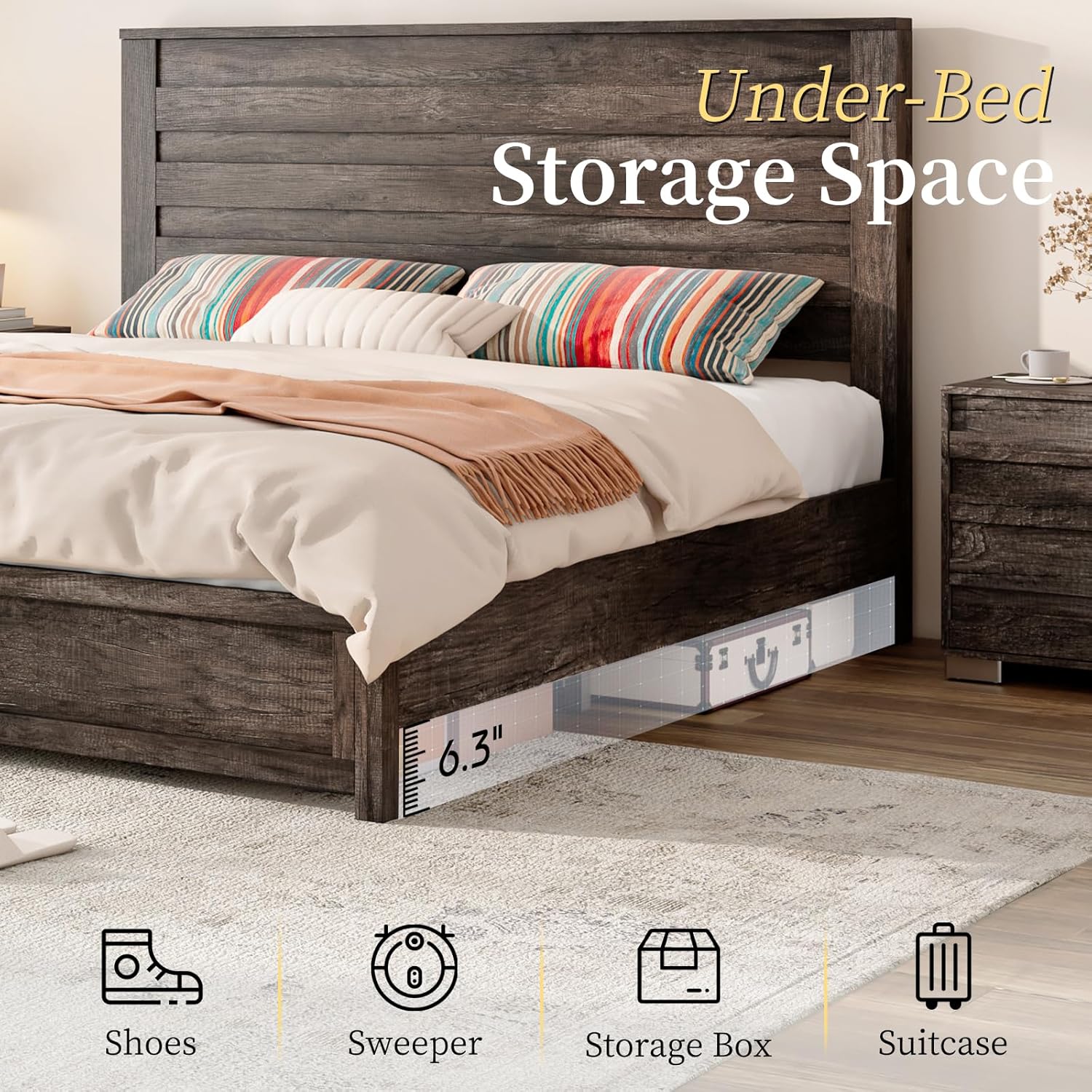 LUXOAK Farmhouse Queen Bed Frame with 49" Tall Headboard, Wooden Platform Bed with Hidden Metal Bed Frame, No Box Spring Needed/Noise Free, Rustic Gray