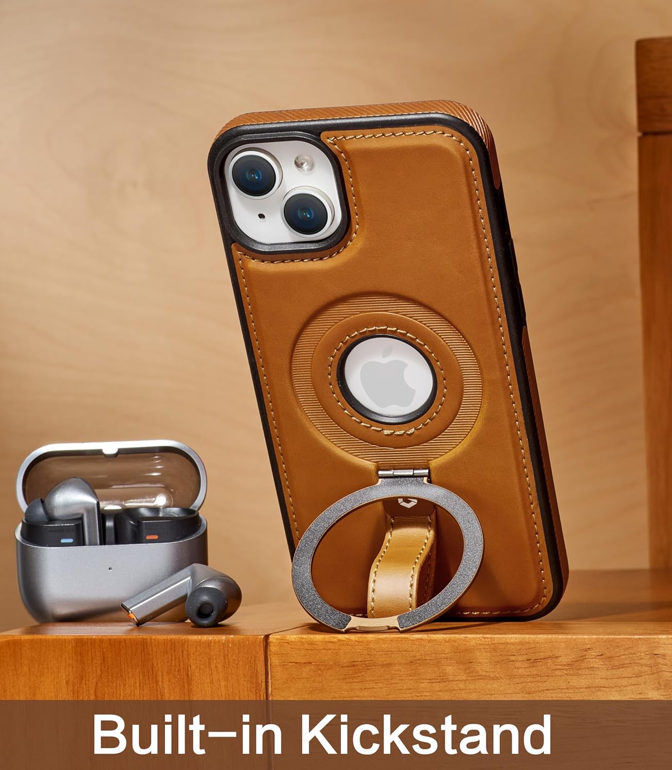 for iPhone 15 Plus/iPhone 14 Plus Leather Case with Stand, Anti-Slip Grip Ring, Fits for MagSafe (Brown, IP15/14 Plus-6.7inch) - Image 7