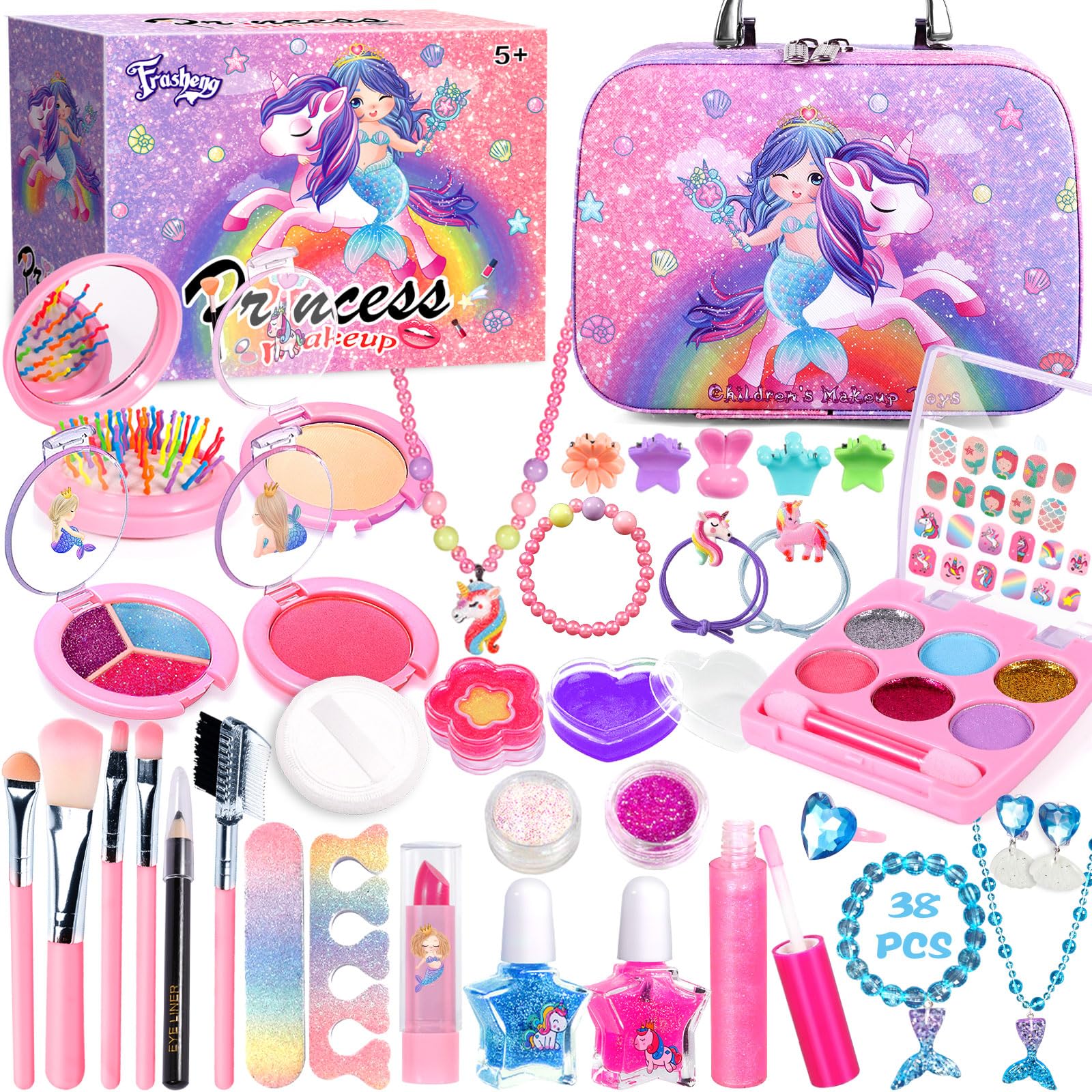 Frasheng Kit de Maquillaje para Niñas, Set de Cosméticos Lavable y No Tóxico, Estuche Maquillaje Niña Juegos de Cosméticos, Regalo Cumpleaños Navidad para Niñas 3 4 5 6 7 8 9 10 Años