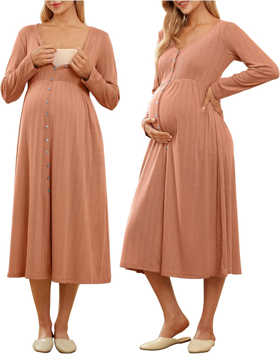 OUGES Cotton Blend Maternity Pajamas Nightgown Button Down Nursing Gown Labor Delivery Breastfeeding Dress with Pockets