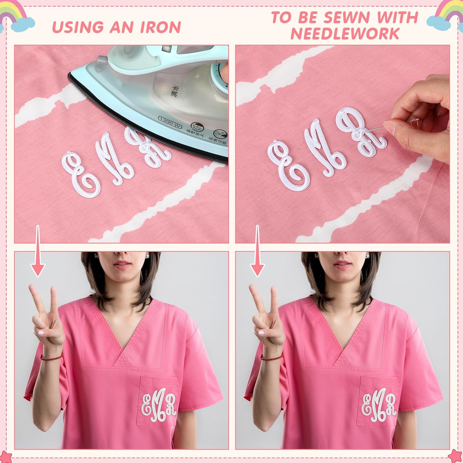 Lyrow 78 Pieces Iron on Letters Patches 1.2 Inches, 1.9 Inches, Cursive Letters Monogram Alphabet Embroidered Patch A-z Applique for Scrubs Medical Uniform Clothes Short Sleeve T-shirt Backpack(White)