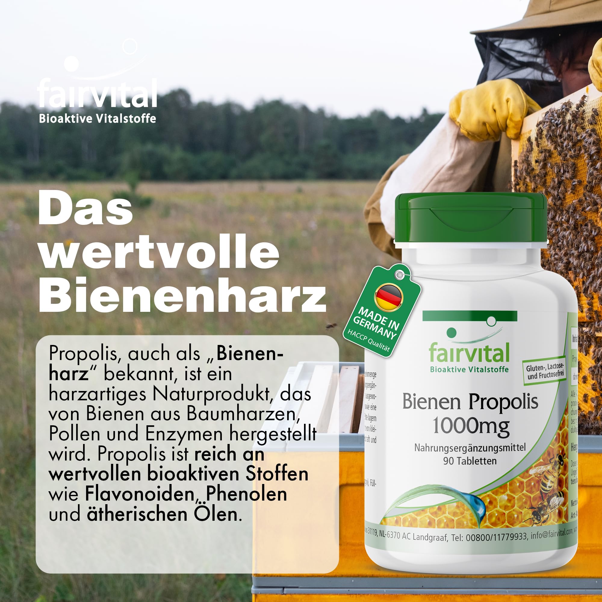 fairvital Bienen Propolis 1000mg, Natürliches Bienenharz Extrakt, Mit 3% Galangin, HOCHDOSIERT, 90 Tabletten