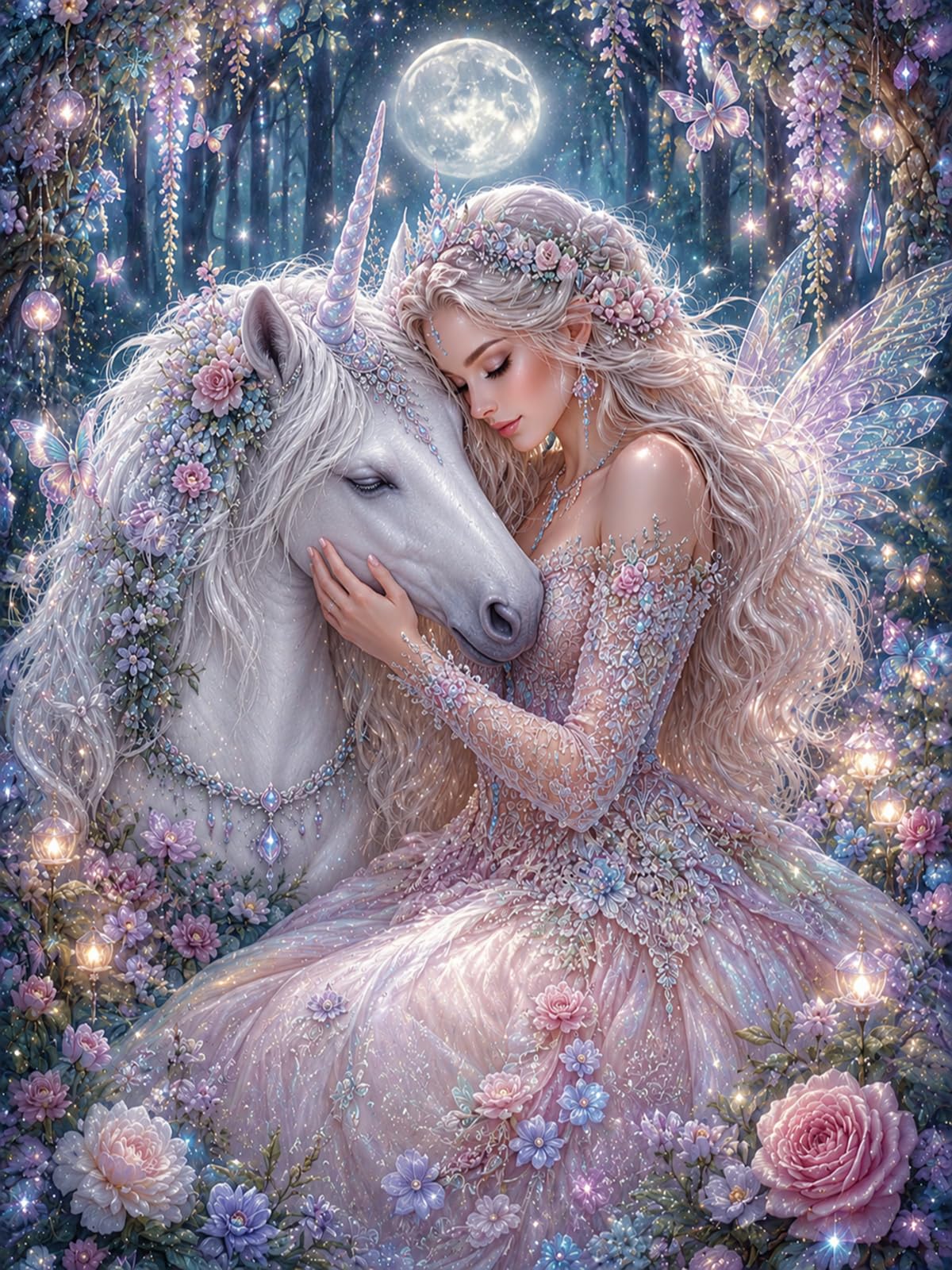CAYLEKI 5D Moonlight Unicorn Diamond Painting Kit Full Drill, 30x40cm DIY Craft with Crystal Stickers & Tools for Adult Beginners-Creative Handmade Home Wall Decor Artwork Gift,Fairy Forest