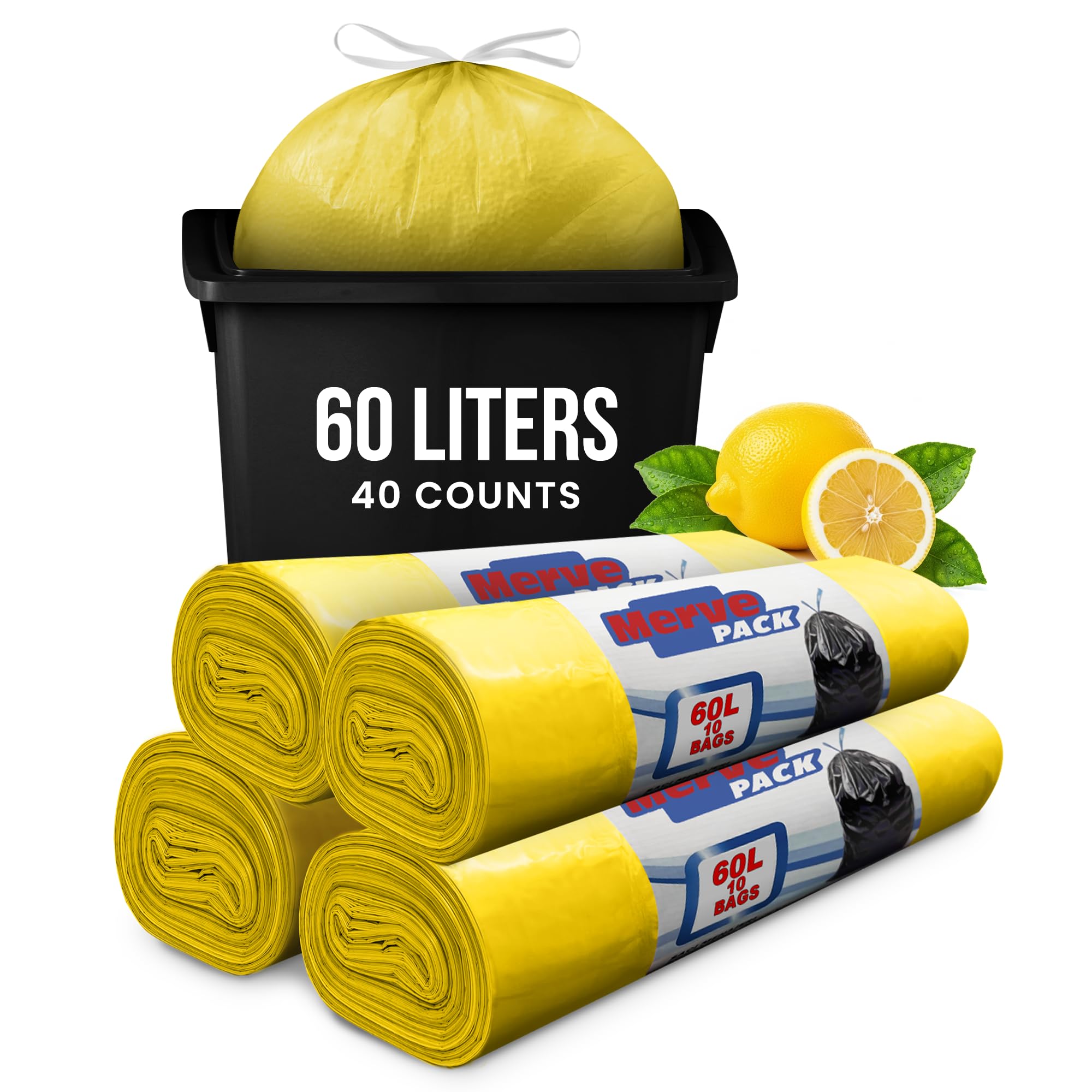 60L Bin Bags Lemon (40 Bags) – Strong Scented 60L Bin Liners for Kitchen & Bathroom Bins, Small Garbage Bags, Rubbish Bags, Trash Bags, Swing Bin Liners, Pedal Bin Bags for Everyday Waste