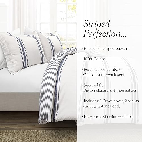 Miniatura 6 de Lush Decor Farmhouse Stripe - Juego de funda de edredón de 3 piezas, matrimonialqueen, azul marino