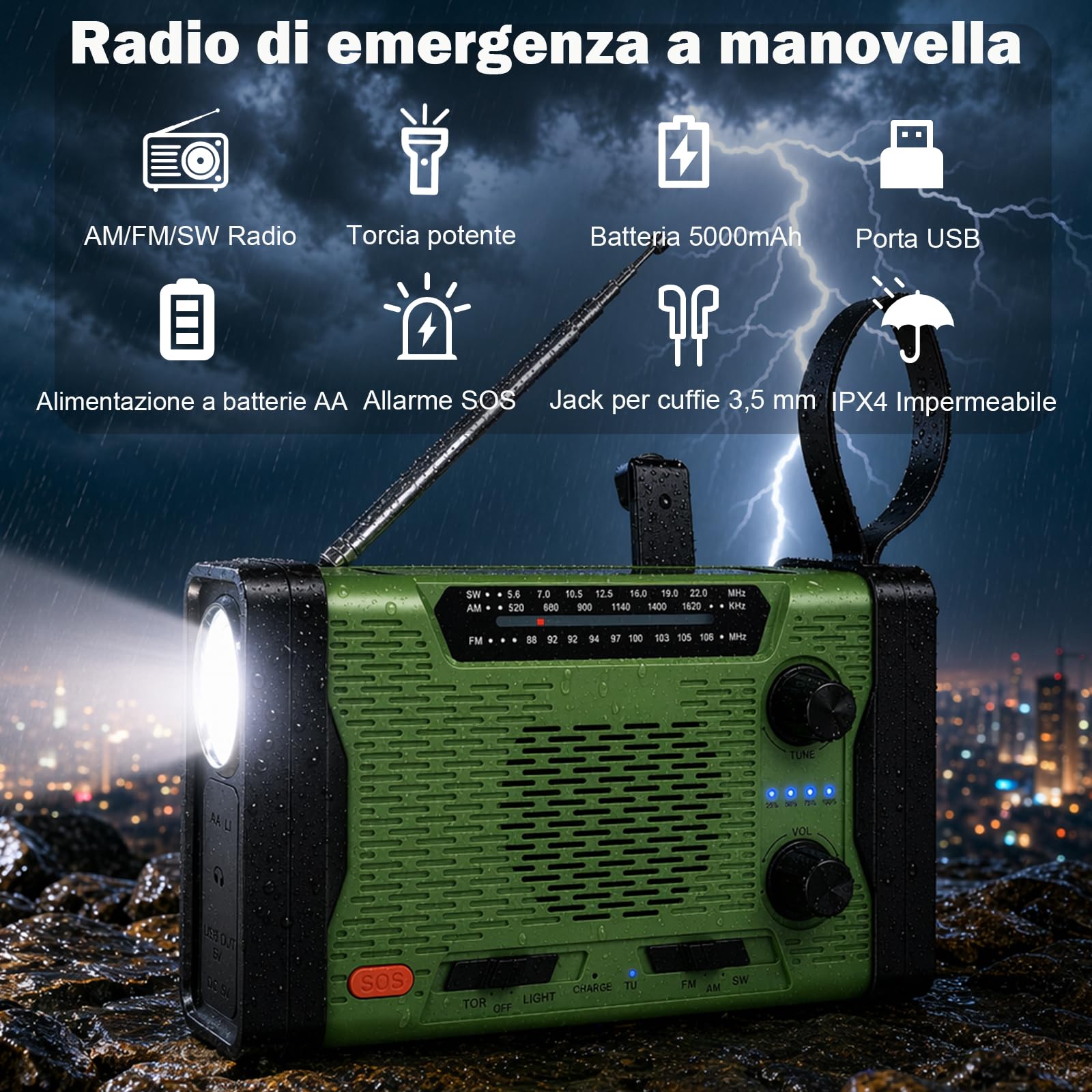 Radio Portatile di Emergenza AM/FM/SW, Radio Dinamo a Manovella con Powerbank Solare 5000mAh, Radiolina Portatile Ricaricabile con Torcia LED, Allarme SOS e Carica USB per Campeggio e Blackout