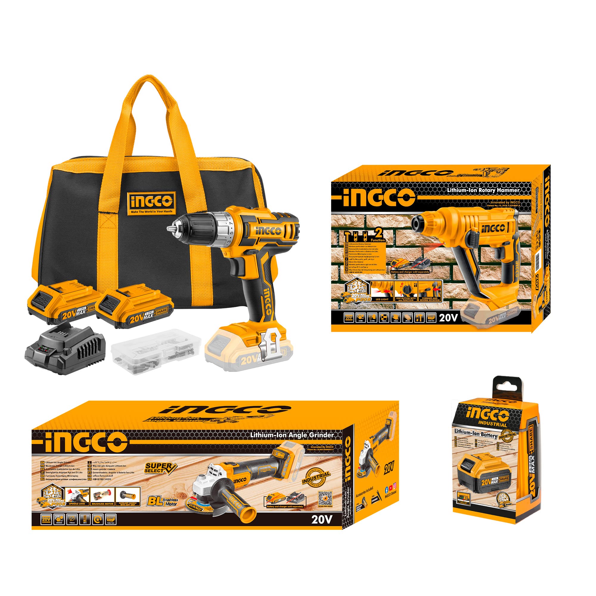 INGCO 20V Kit Inalámbrico 45NM Taladro Atornillador,115mm Amoladora de ángulo y Martillo perforador con 2x 2.0Ah Bateria y 4.0Ah Bateria CDLI2002+CAGLI201158+CRHLI1601