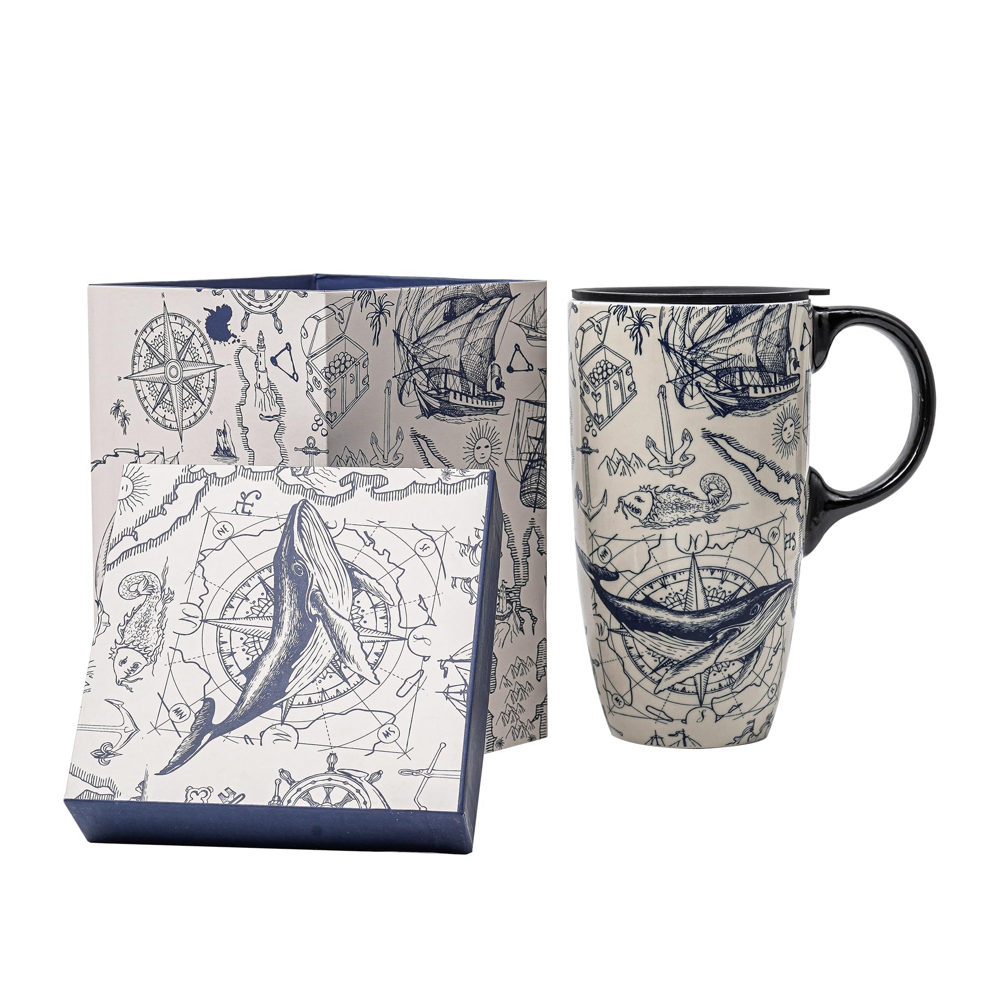 Ceramic Travel Mug with Lid and Handle Gift for Coffee Lovers, Large Capacity Ceramic Coffee Mug Latte Teacup Milk Mug in Color Box 17 Oz, Sailboat