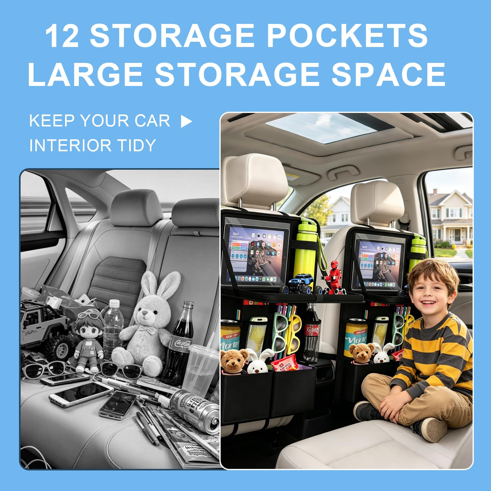 Auto Organizer mit abnehmbarem Klapptisch 62x42cm Rücksitz Organizer 11 Taschen Touchscreen-Fach Wasserdichter Rückenlehnenschutz