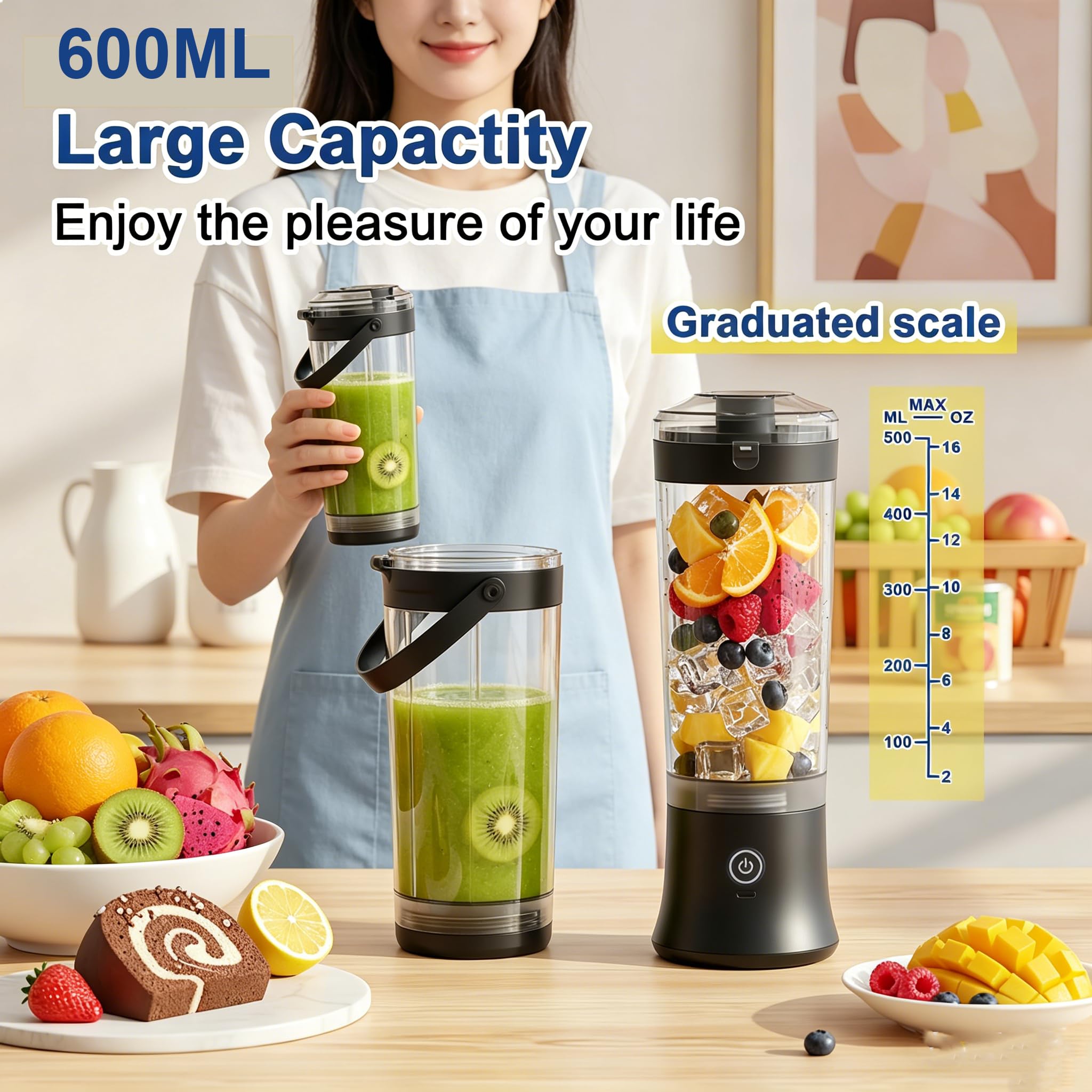 Mini frullatore 600 ml, mixer personale ricaricabile tramite USB per frullati, frullati, alimenti per bambini, mini frullatore senza fili spremiagrumi per viaggi, ufficio e sport