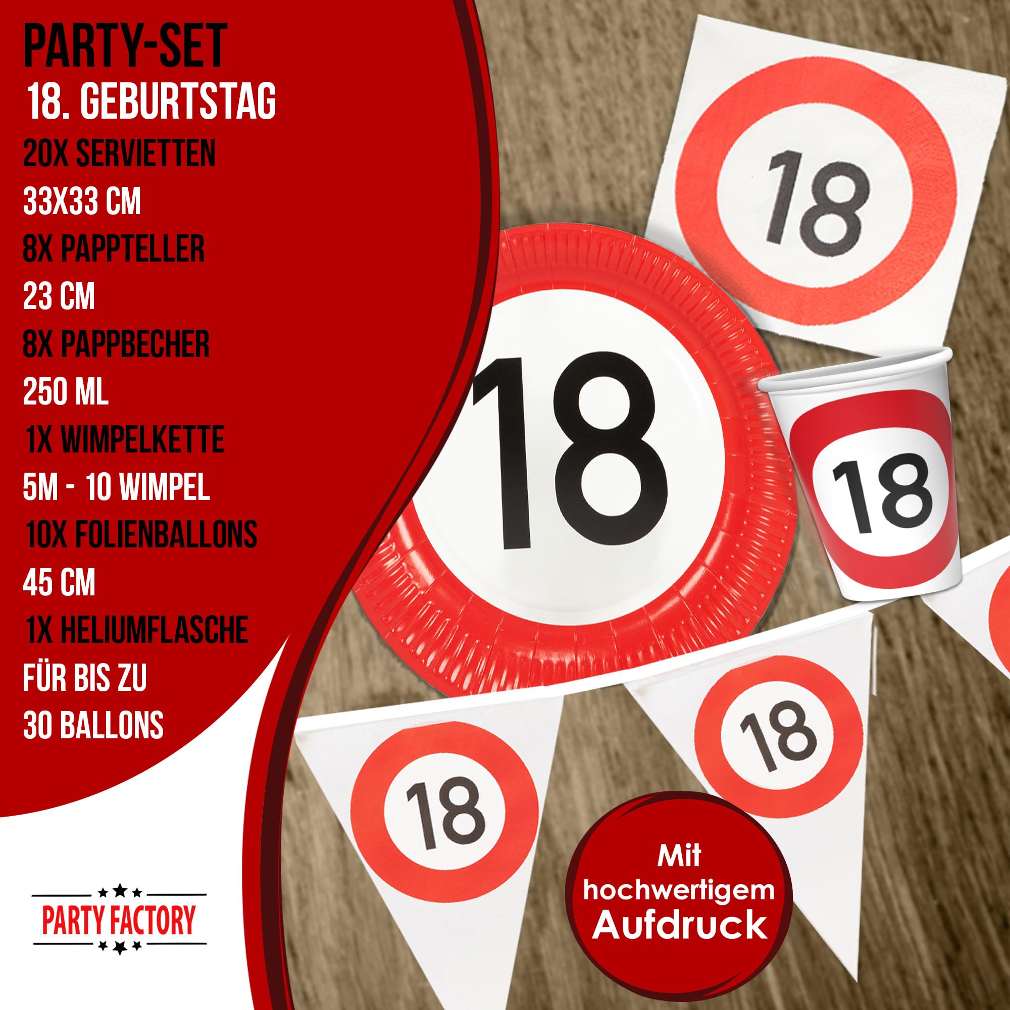 Party Factory 48-teiliges Party Set Happy Birthday 18 mit 8 Papptellern, 8 Pappbechern, 20 Servietten, 10 Folienballons, 1 Heliumflasche für bis zu 30 Ballons und 1 Wimpelkette